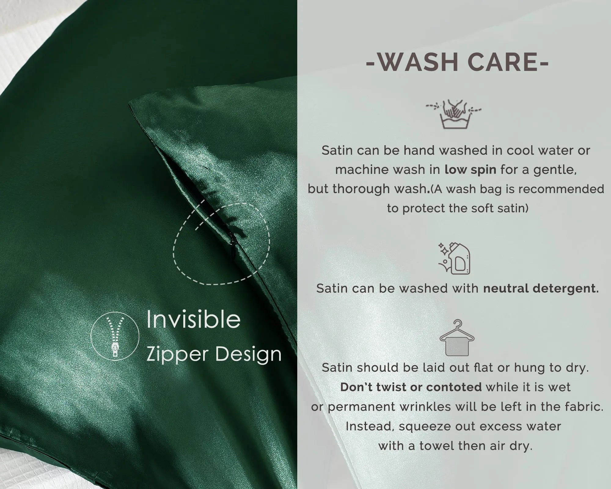 Olive green satin pillowcase with invisible zipper design and wash care instructions.