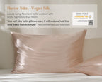 Rose gold satin pillowcases on bed, luxury vegan silk, reduces hair frizz