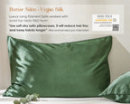 Sage green satin pillowcases on bed, smooth and shiny vegan silk texture, bright daylight scene