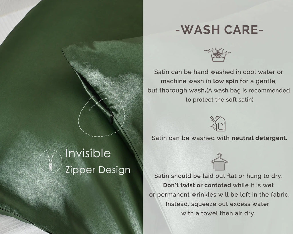 Sage green satin pillowcase with invisible zipper, wash care instructions beside it