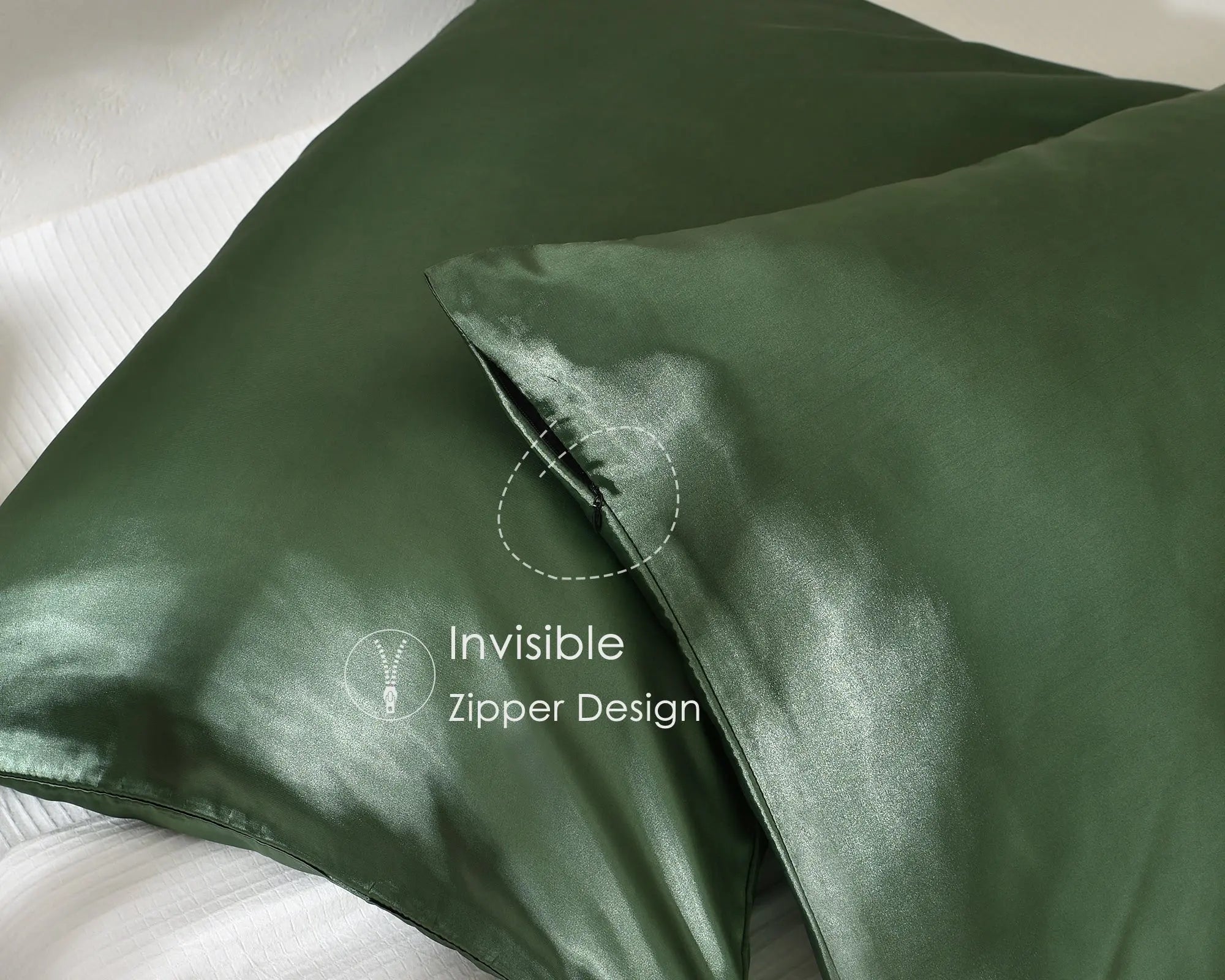 Sage green satin pillowcases with invisible zipper on white bedding