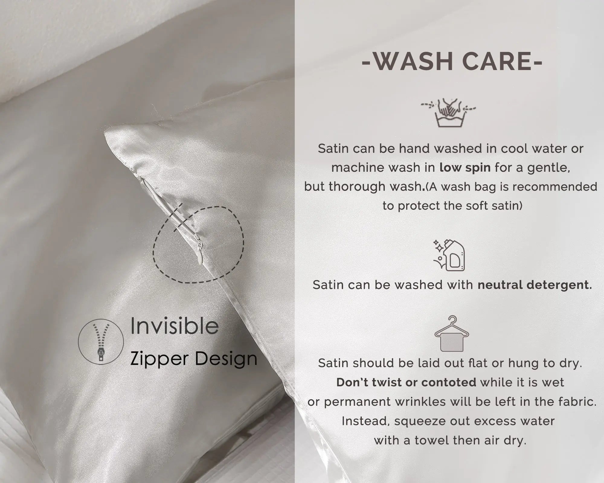 Silver gray satin pillowcase with invisible zipper, care instructions beside pillow