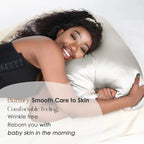 Woman smiling and lying on a silver gray satin pillowcase, promoting smooth wrinkle-free skin care benefits.