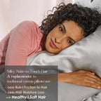 Woman resting on silver gray satin pillowcase, curly hair, promoting silky hair care benefits