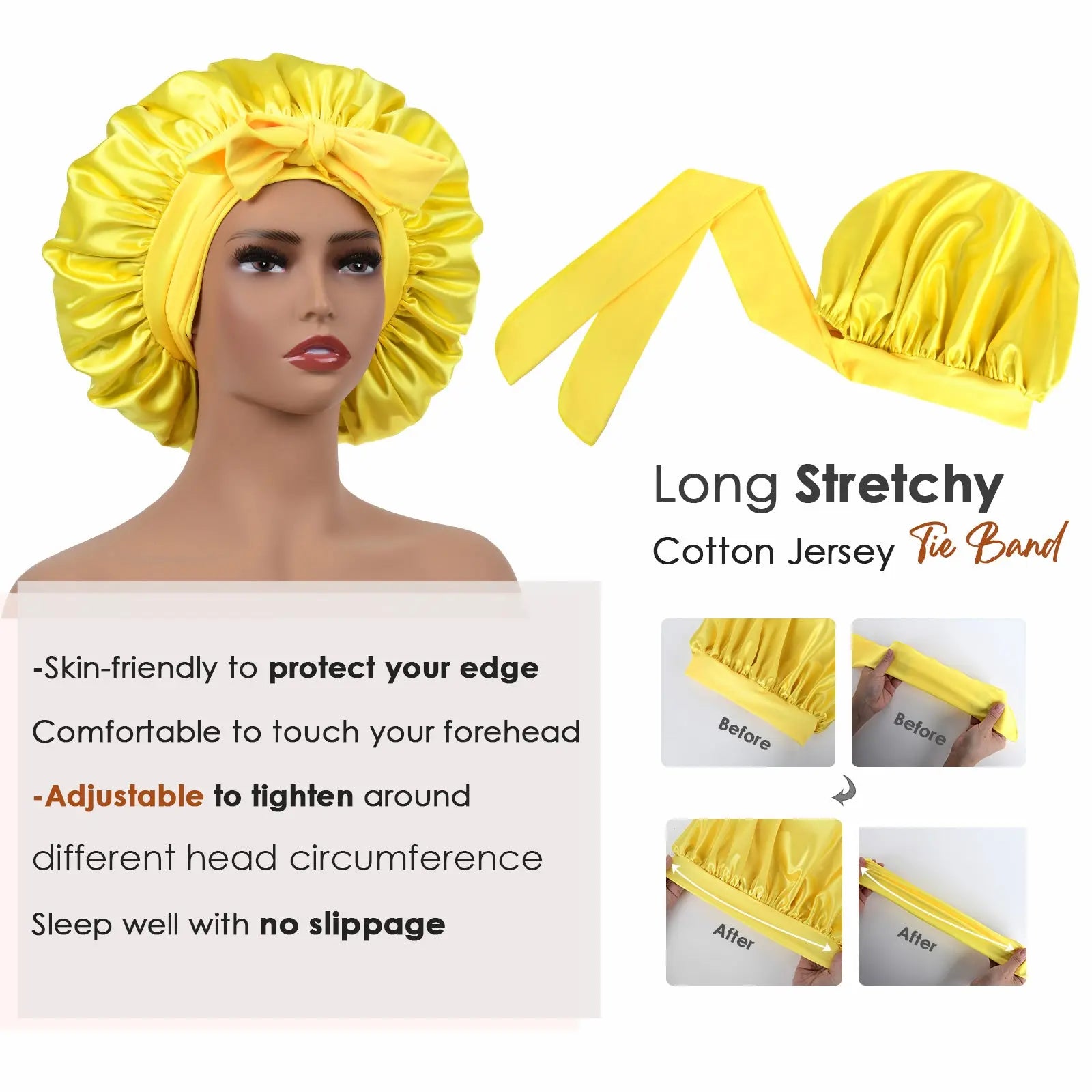 Double Layer Satin Bonnet with Tie Band| Cream Yellow YANIBEST