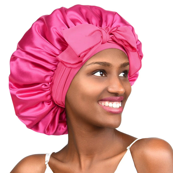 Double Layer Satin Bonnet with Tie Band| Hot Pink YANIBEST