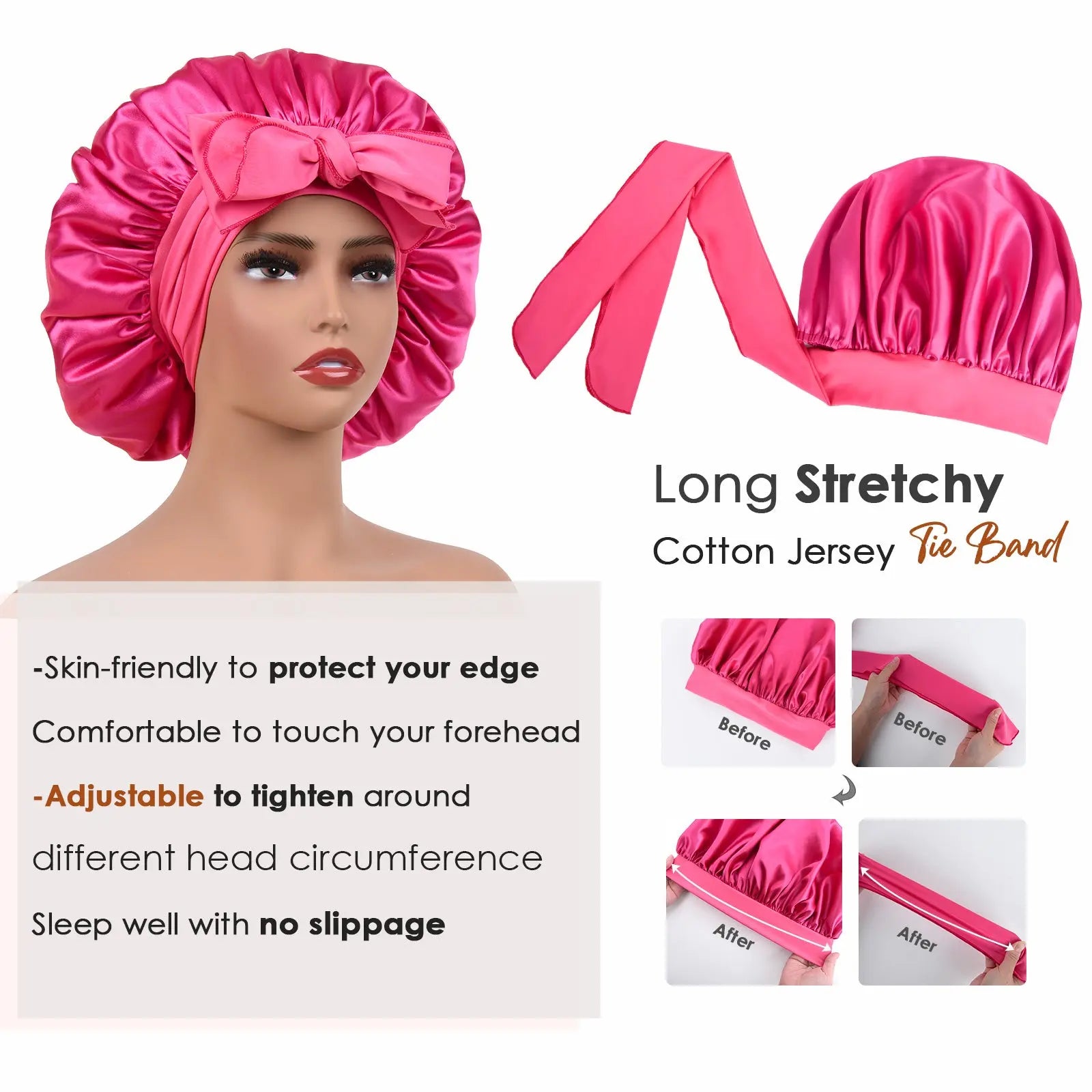 Double Layer Satin Bonnet with Tie Band| Hot Pink YANIBEST