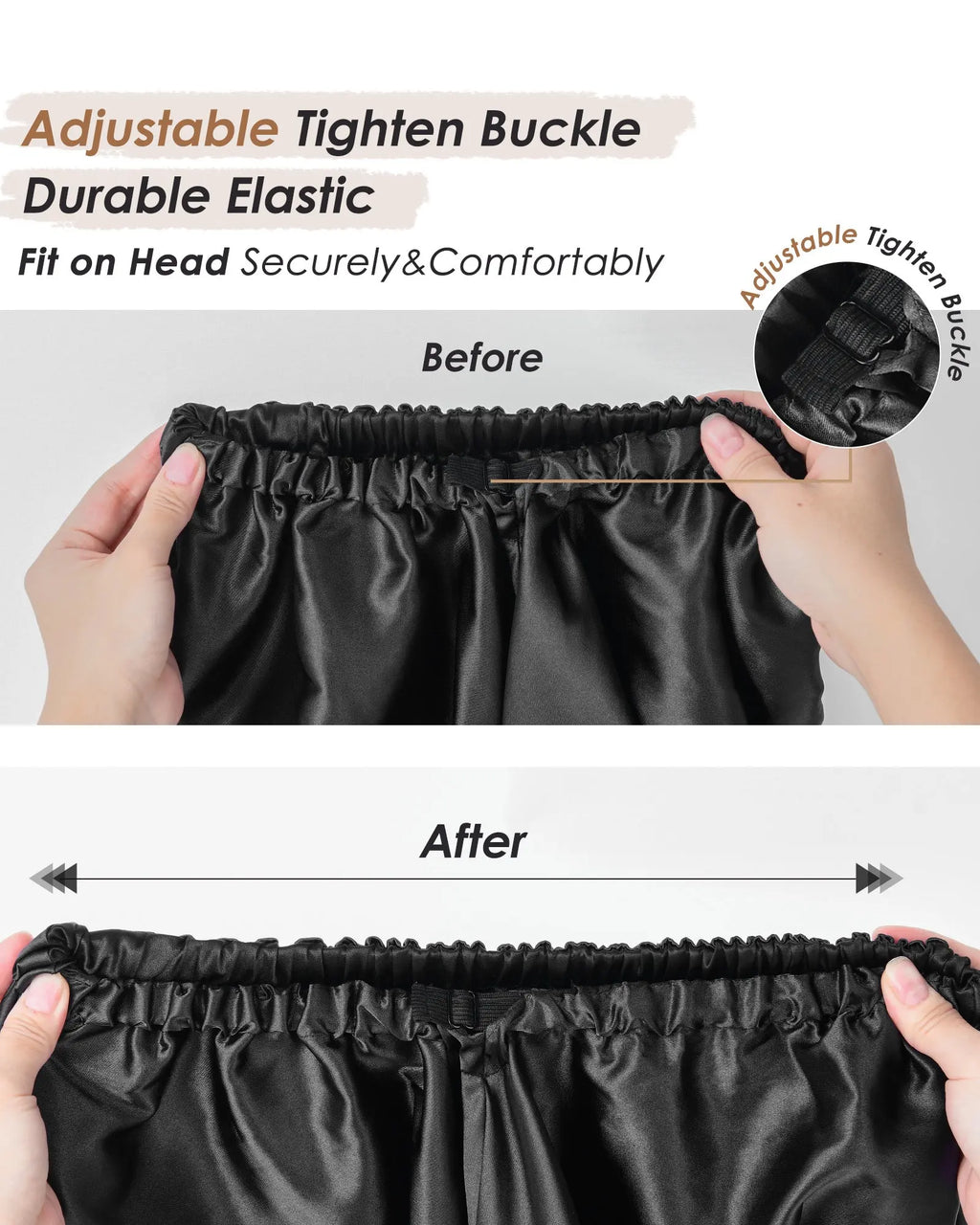 Adjustable black satin bonnet with elastic band and tightening buckle, shown before and after adjustment.
