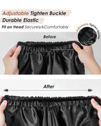 Adjustable black satin bonnet with elastic band and tightening buckle, shown before and after adjustment.