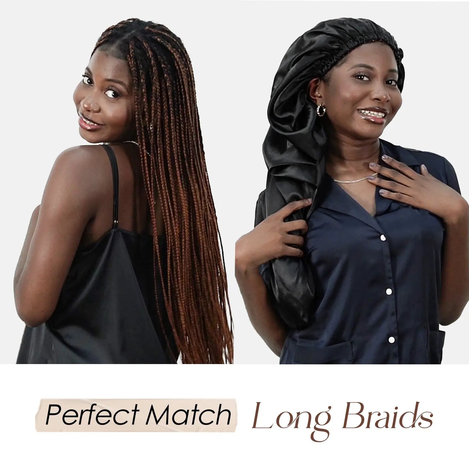 Woman with long braids showing before and after using a satin long bonnet for hair protection