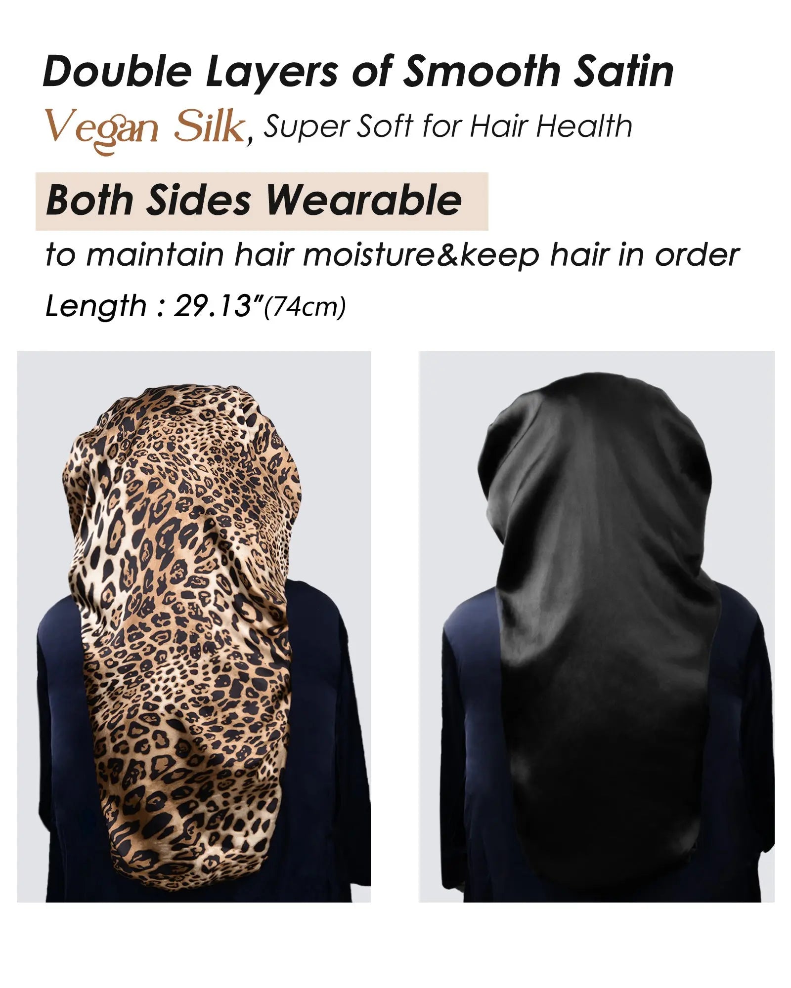 Long satin bonnet with leopard print on one side and black on the other, double layered, both sides wearable