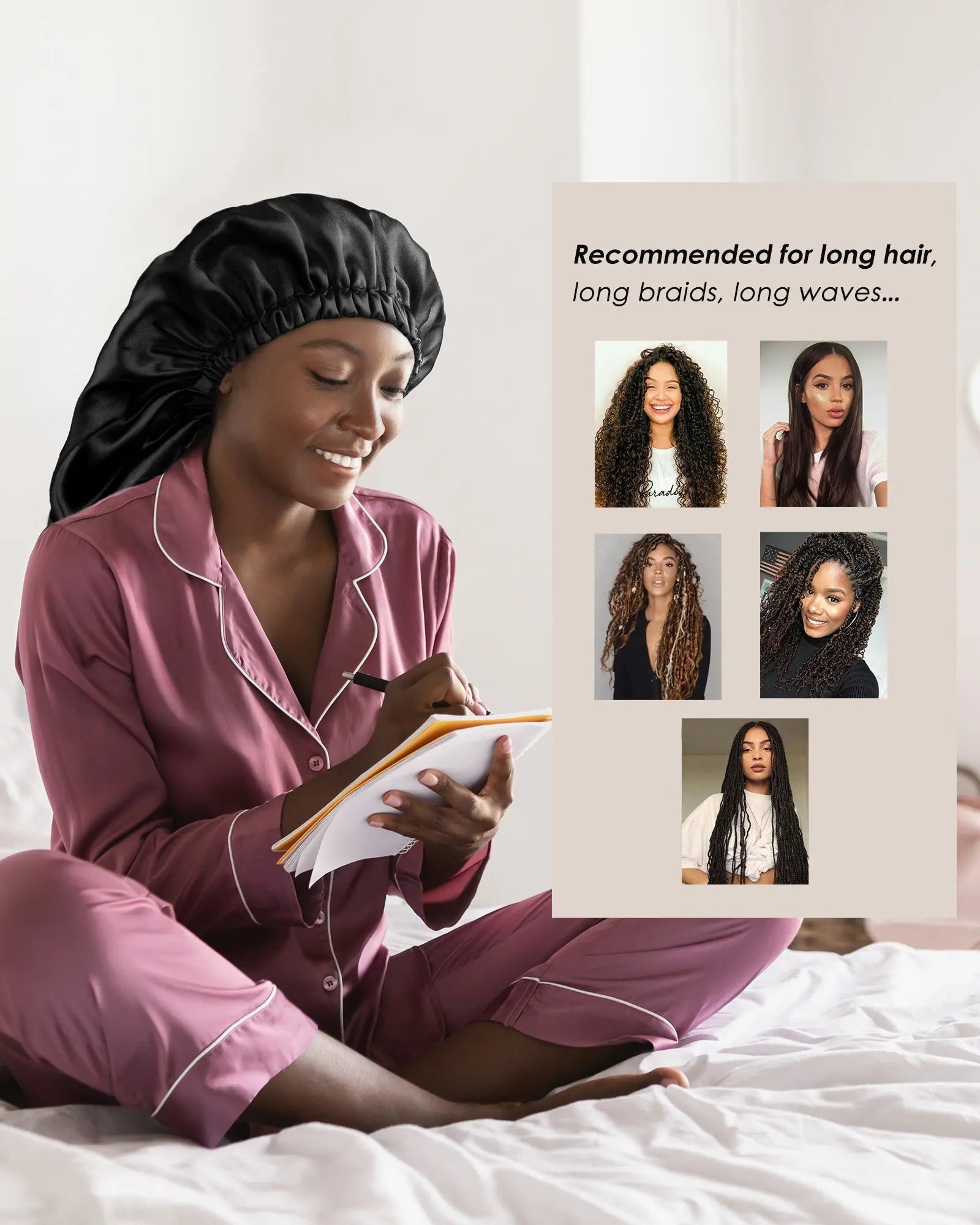 Woman in satin long-tail bonnet and pink pajamas sitting on bed, recommended for long hair
