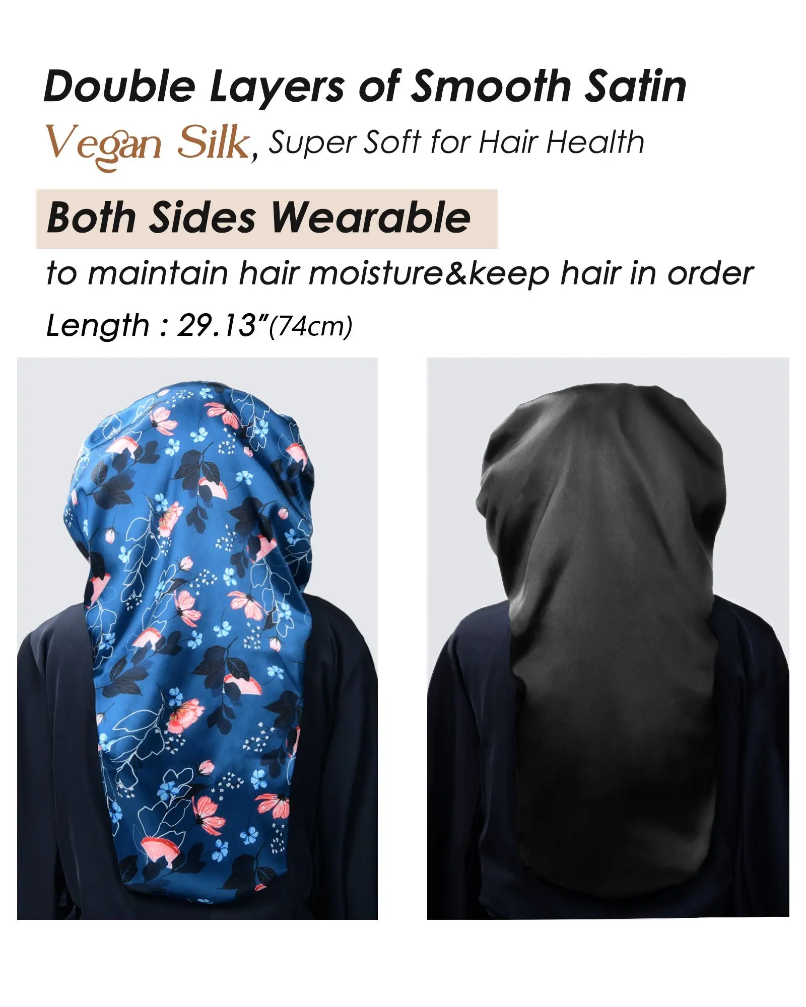 Long tail reversible satin bonnet in floral blue and solid black, vegan silk, double layer, moisture retaining hair cap