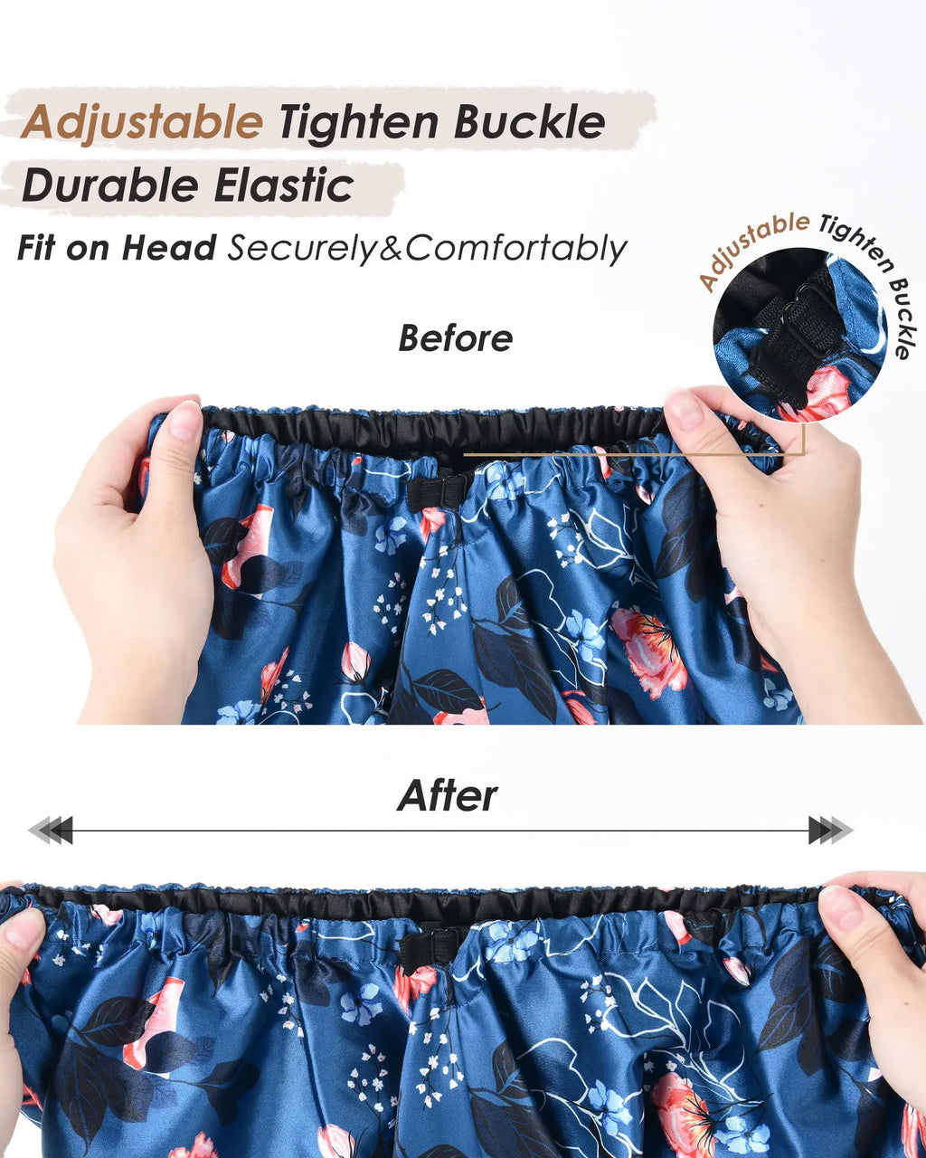 Blue floral satin bonnet with adjustable buckle and elastic band, before and after fitting demo.