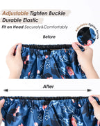 Blue floral satin bonnet with adjustable buckle and elastic band, before and after fitting demo.