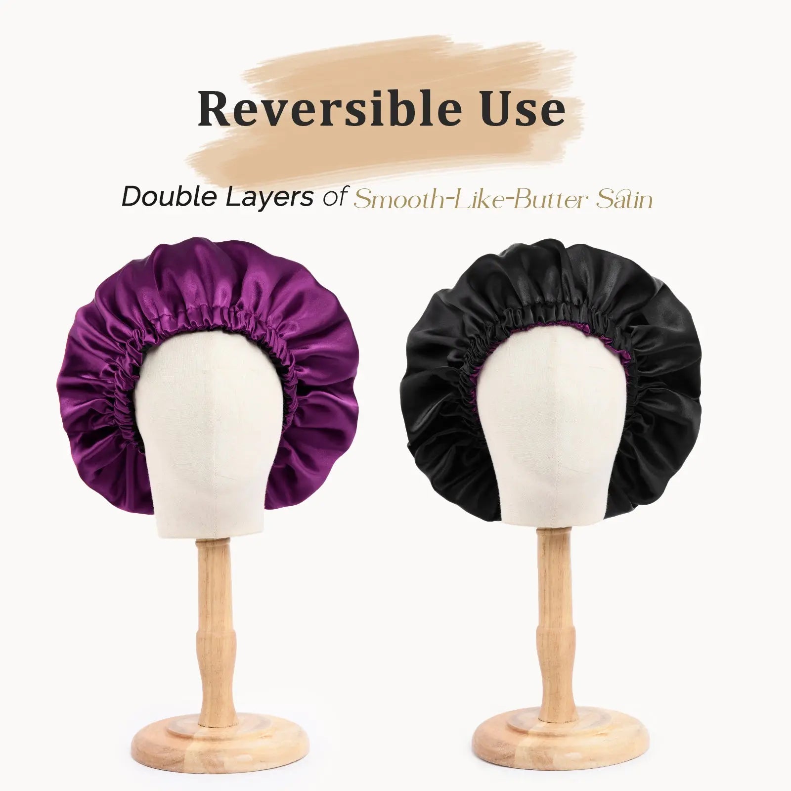Reversible satin bonnet in amethyst purple and black on mannequin heads, double-layered for hair care.