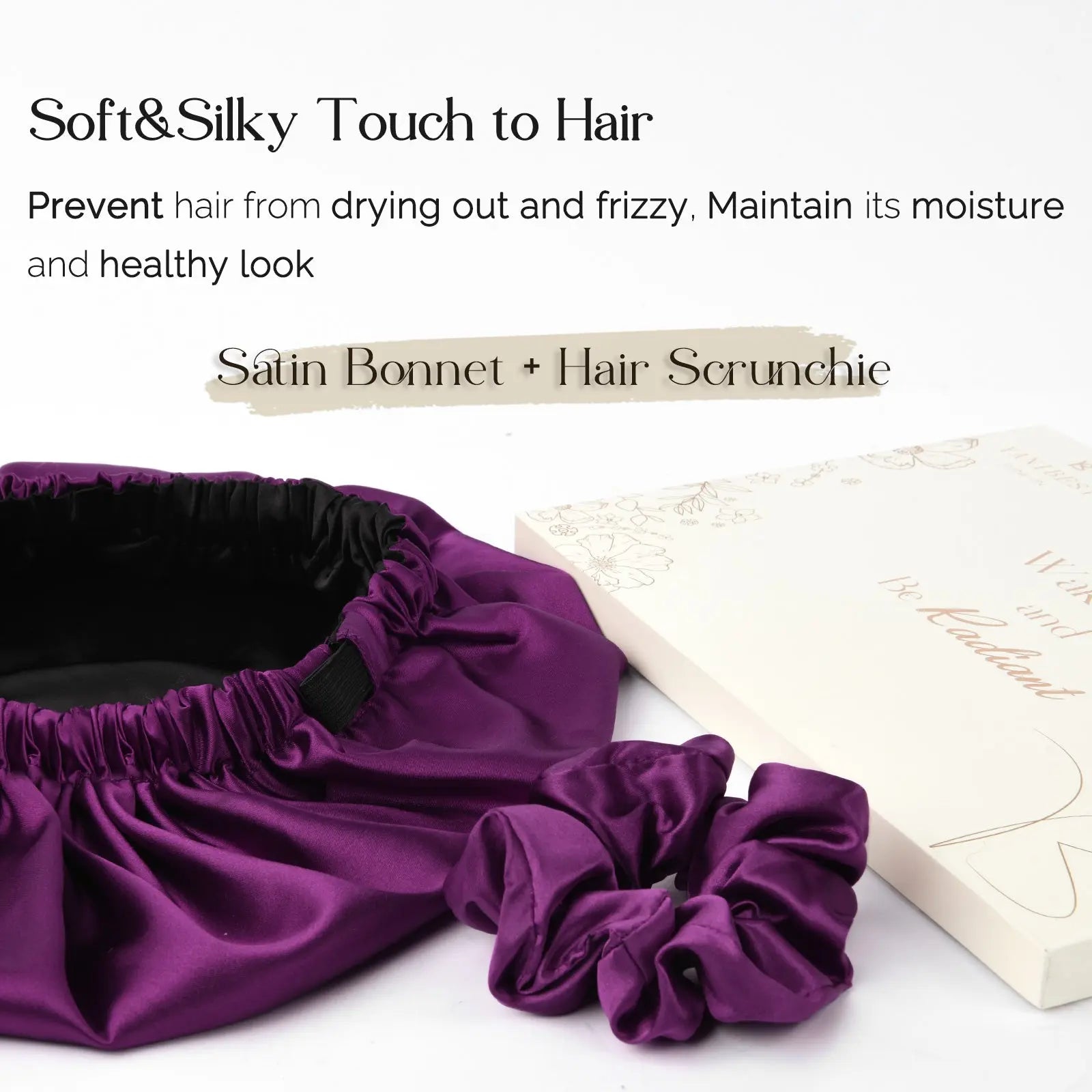 Purple reversible satin bonnet and matching scrunchie for hair protection on white background