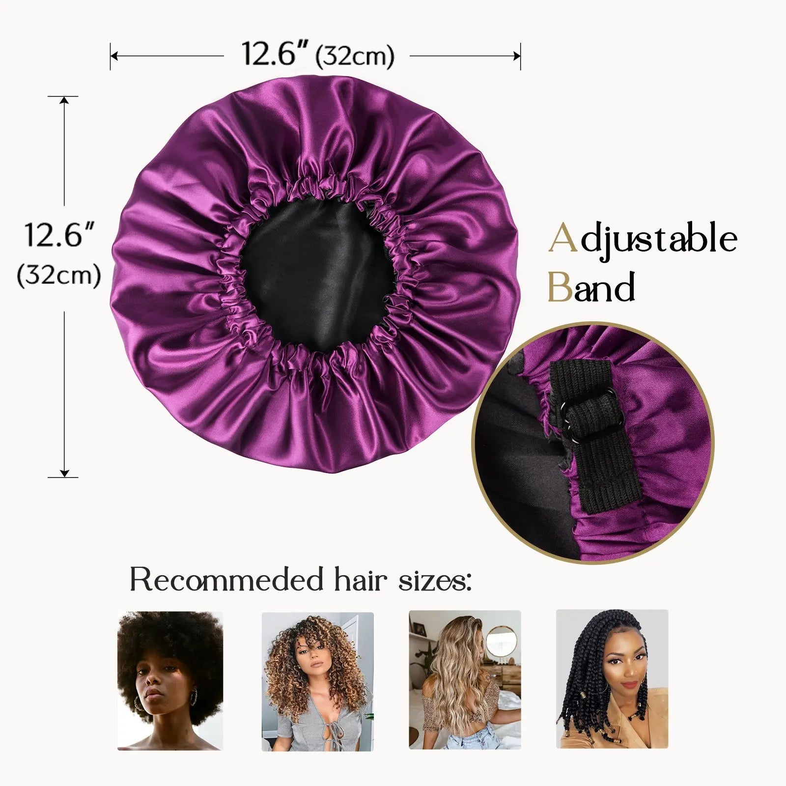 Purple satin reversible bonnet with black adjustable band, 32cm diameter, for various hair types.
