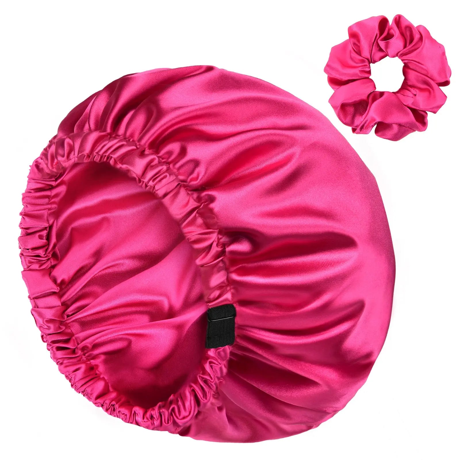 Reversible satin bonnet and matching scrunchie in bright pink for hair protection