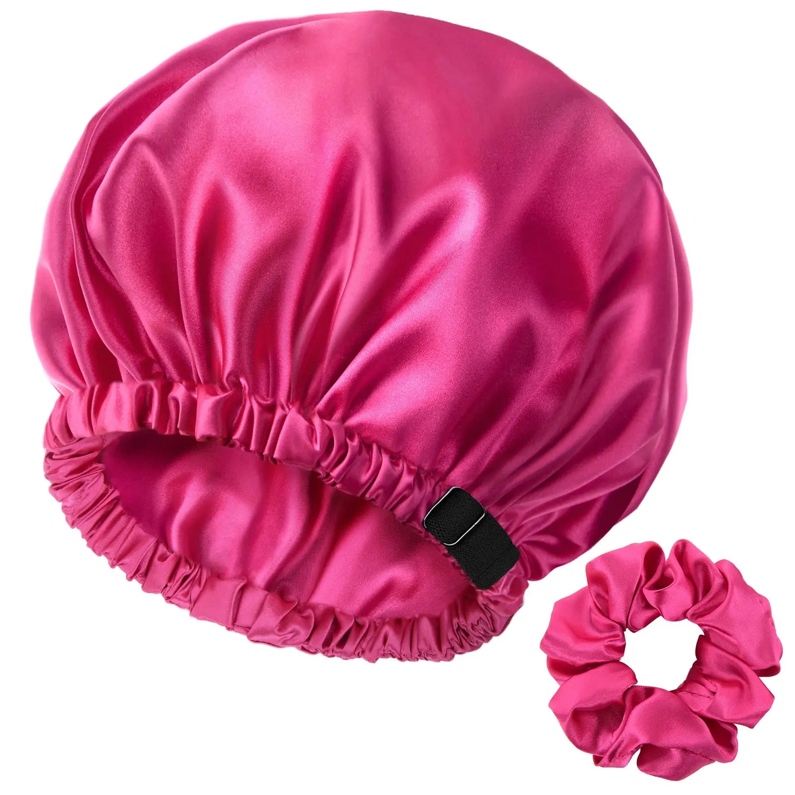 Reversible satin bonnet with matching pink satin scrunchie for hair protection