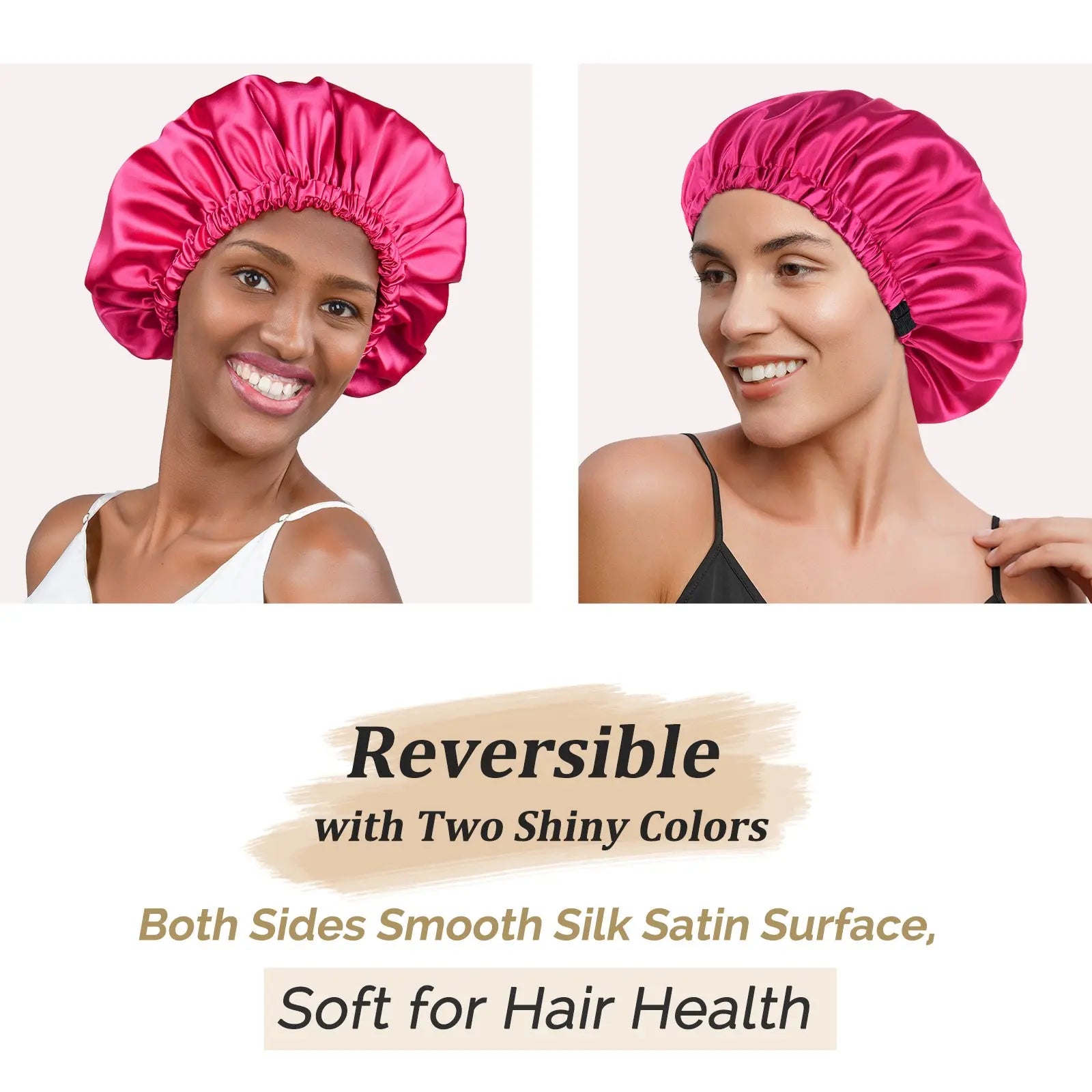 Women wearing reversible satin bonnets in shiny pink, smooth finish for hair protection
