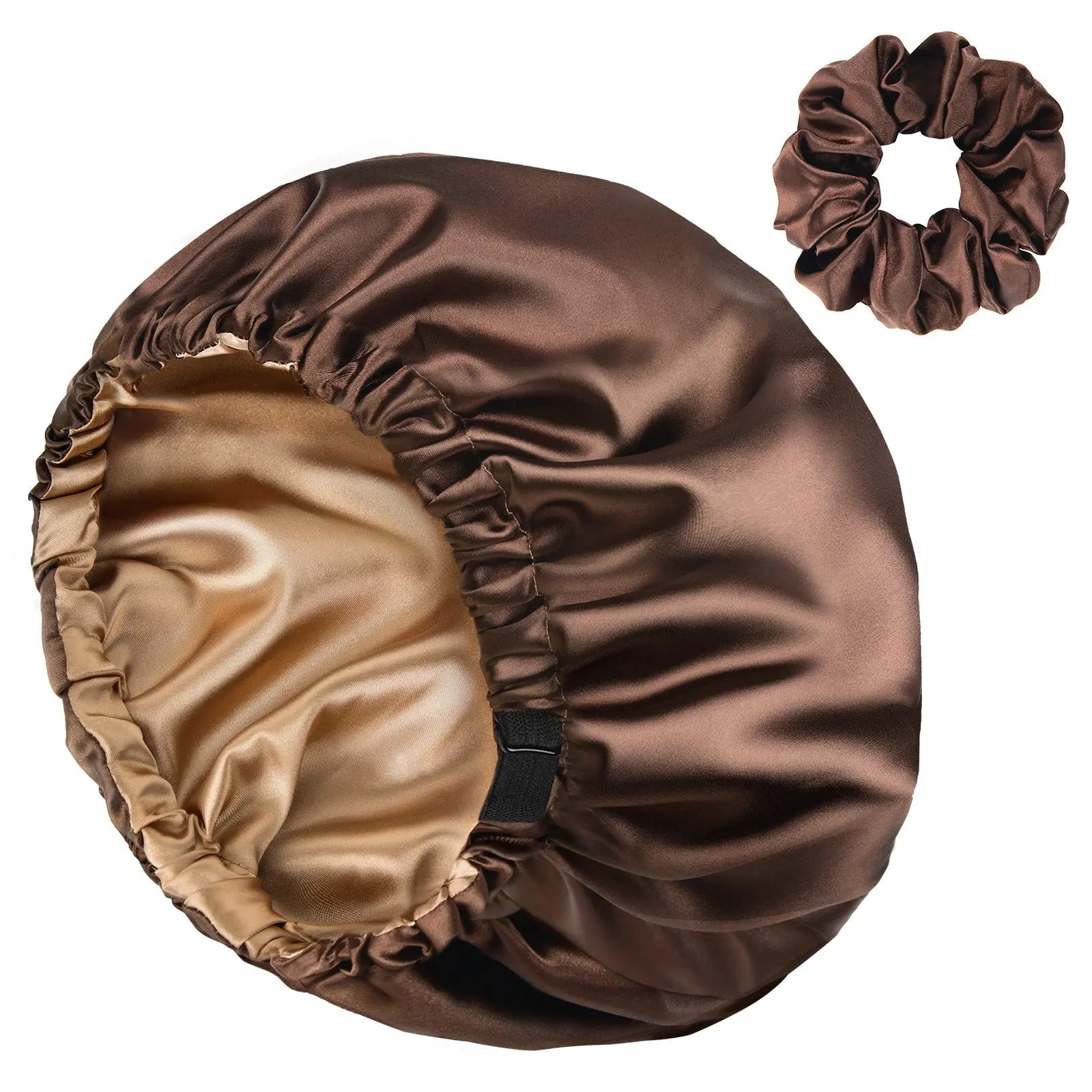 Reversible satin bonnet in brown and gold with matching brown satin scrunchie