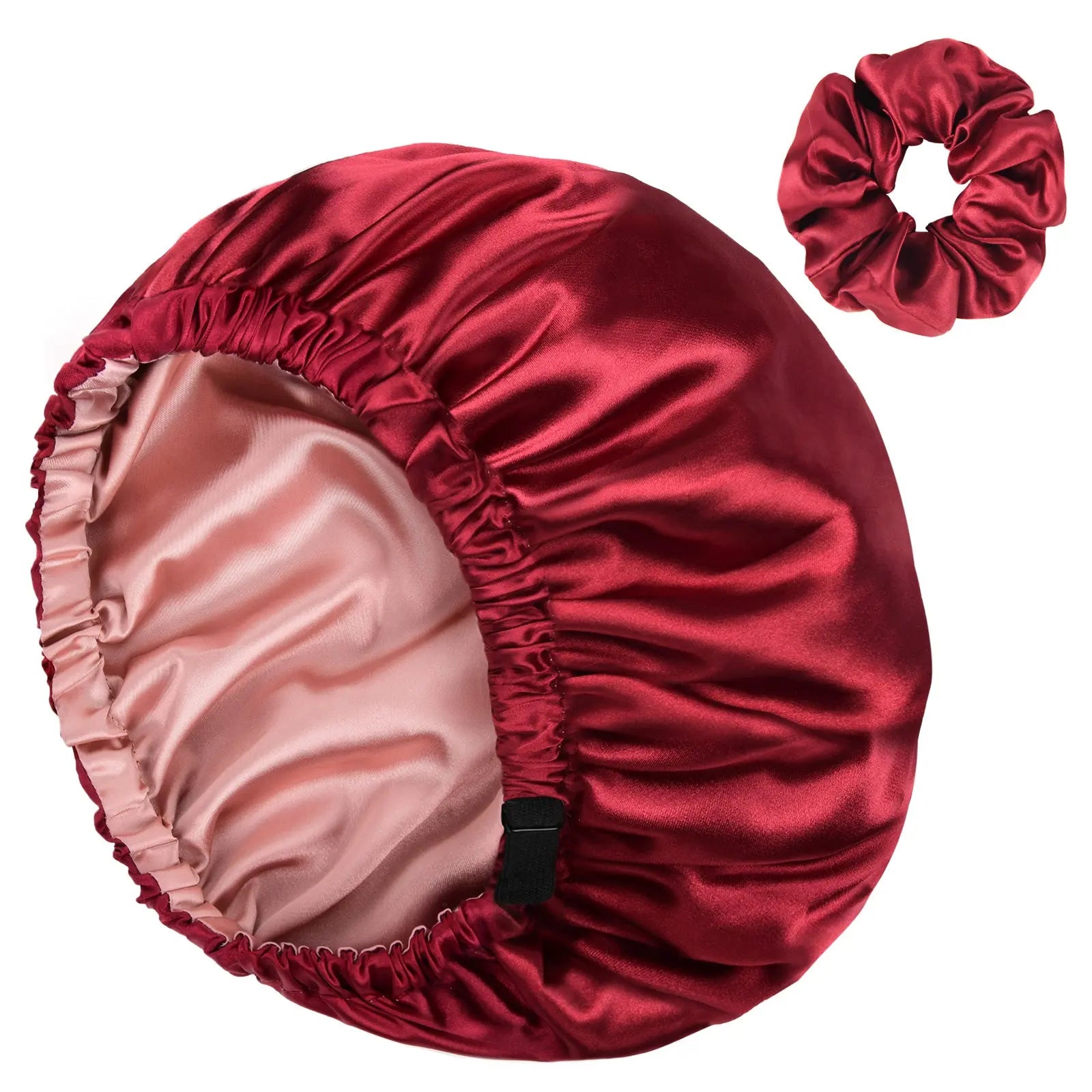 Reversible satin bonnet and matching burgundy red scrunchie for hair protection