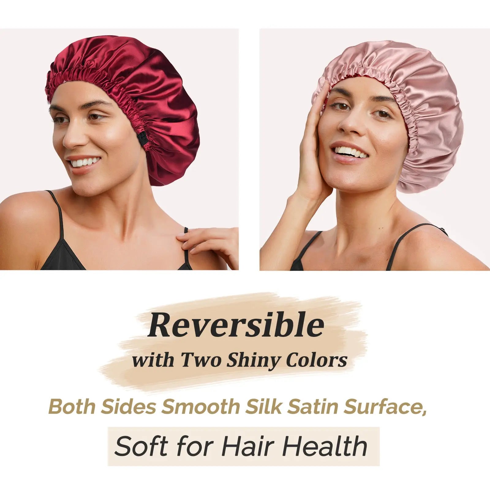 Woman wearing reversible satin bonnet in burgundy red and light pink, smooth shiny finish.