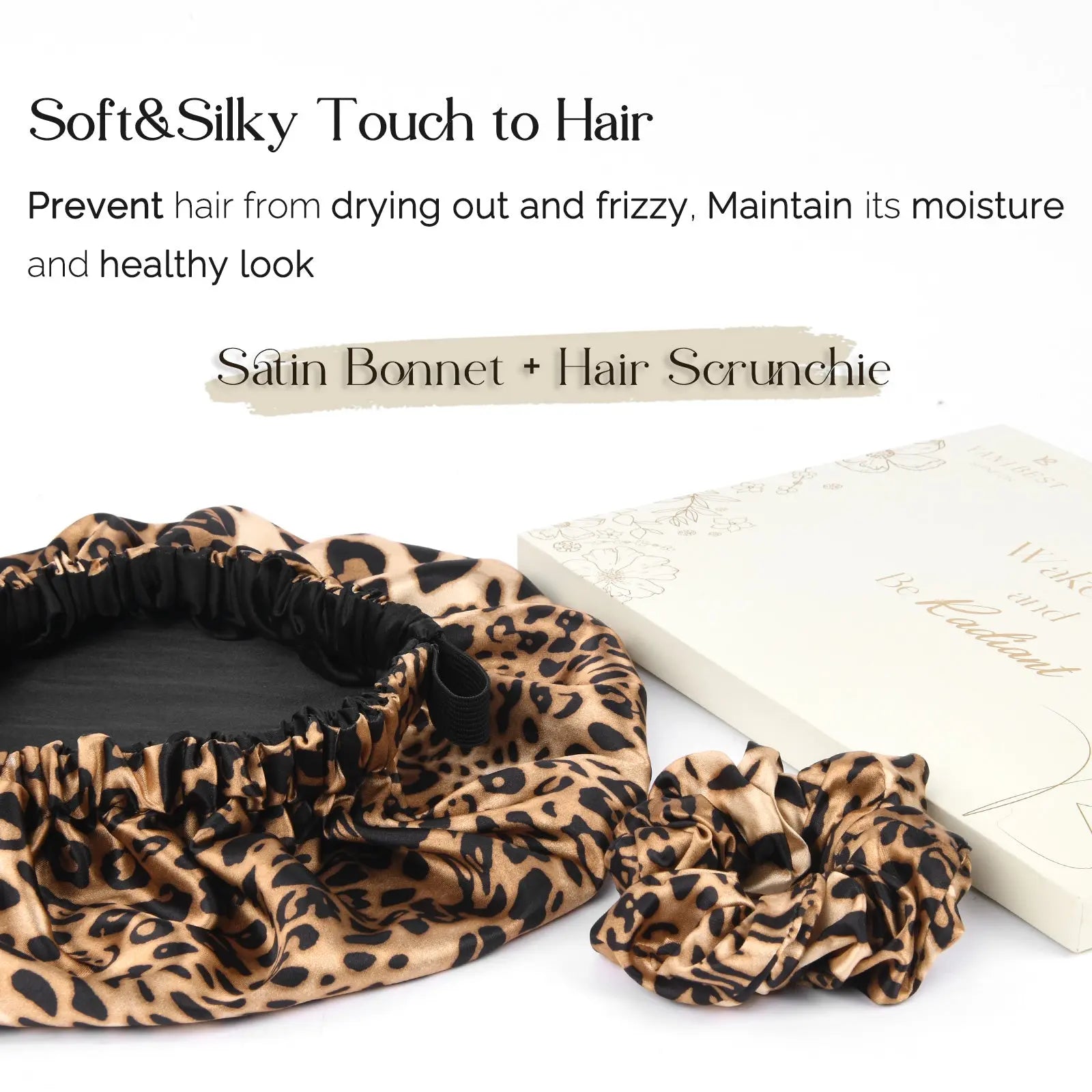 Reversible satin bonnet and scrunchie set with leopard print, gift box included