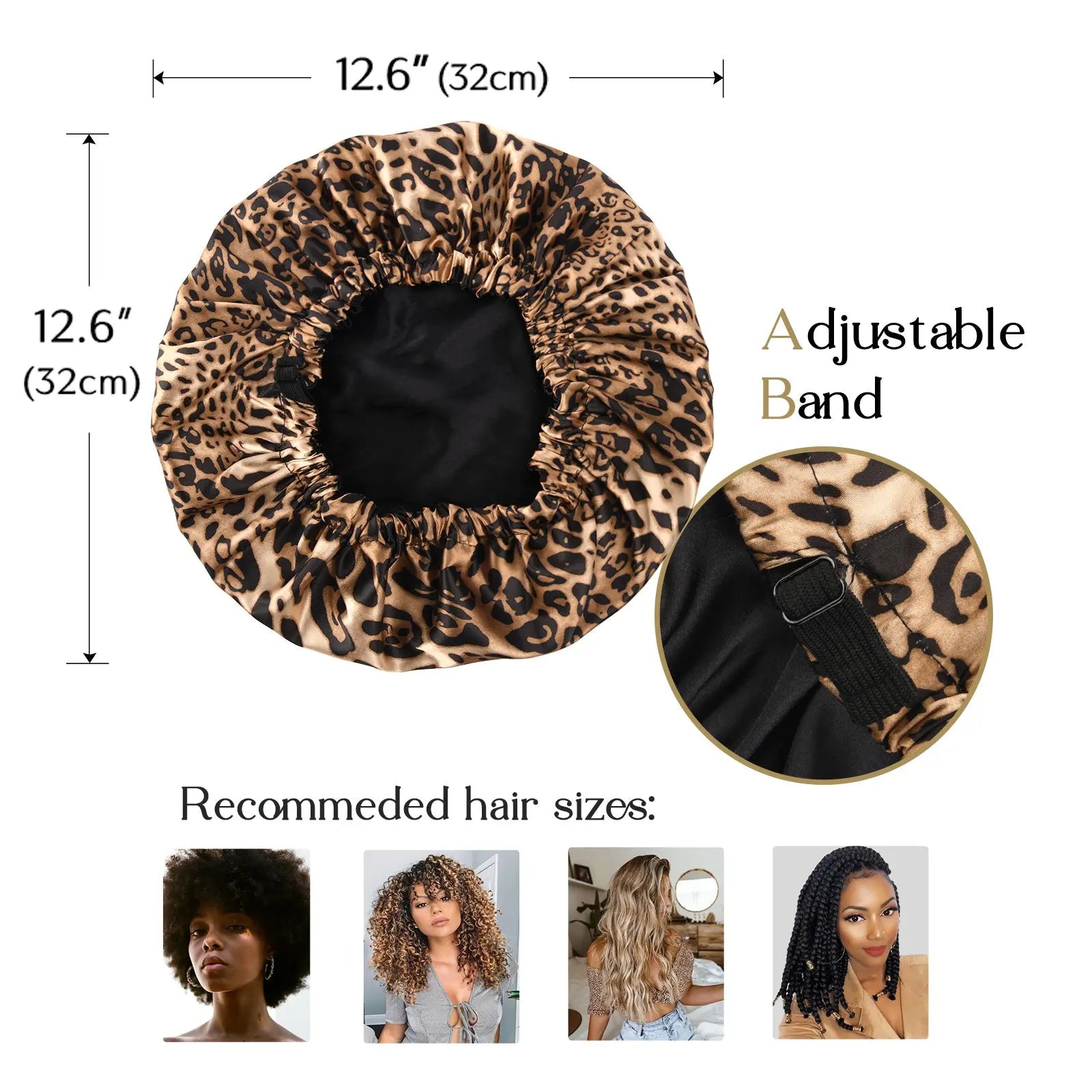 Leopard print reversible satin bonnet with adjustable band, 12.6 inch diameter, shown with hair types.