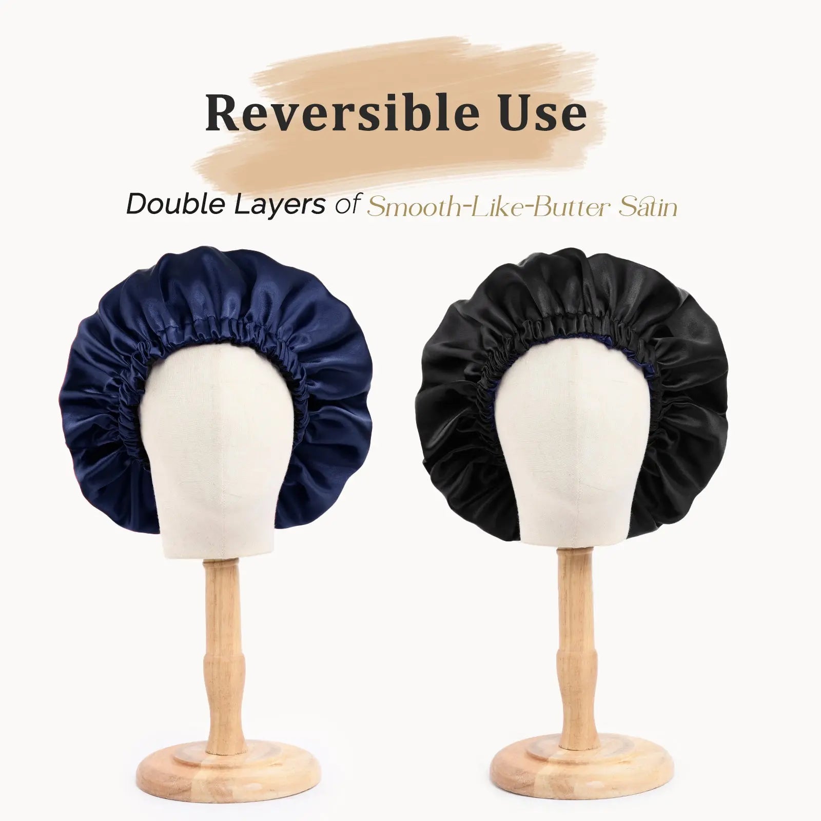 Reversible satin bonnet in midnight blue and black shown on two mannequin heads, double-layered for hair protection.
