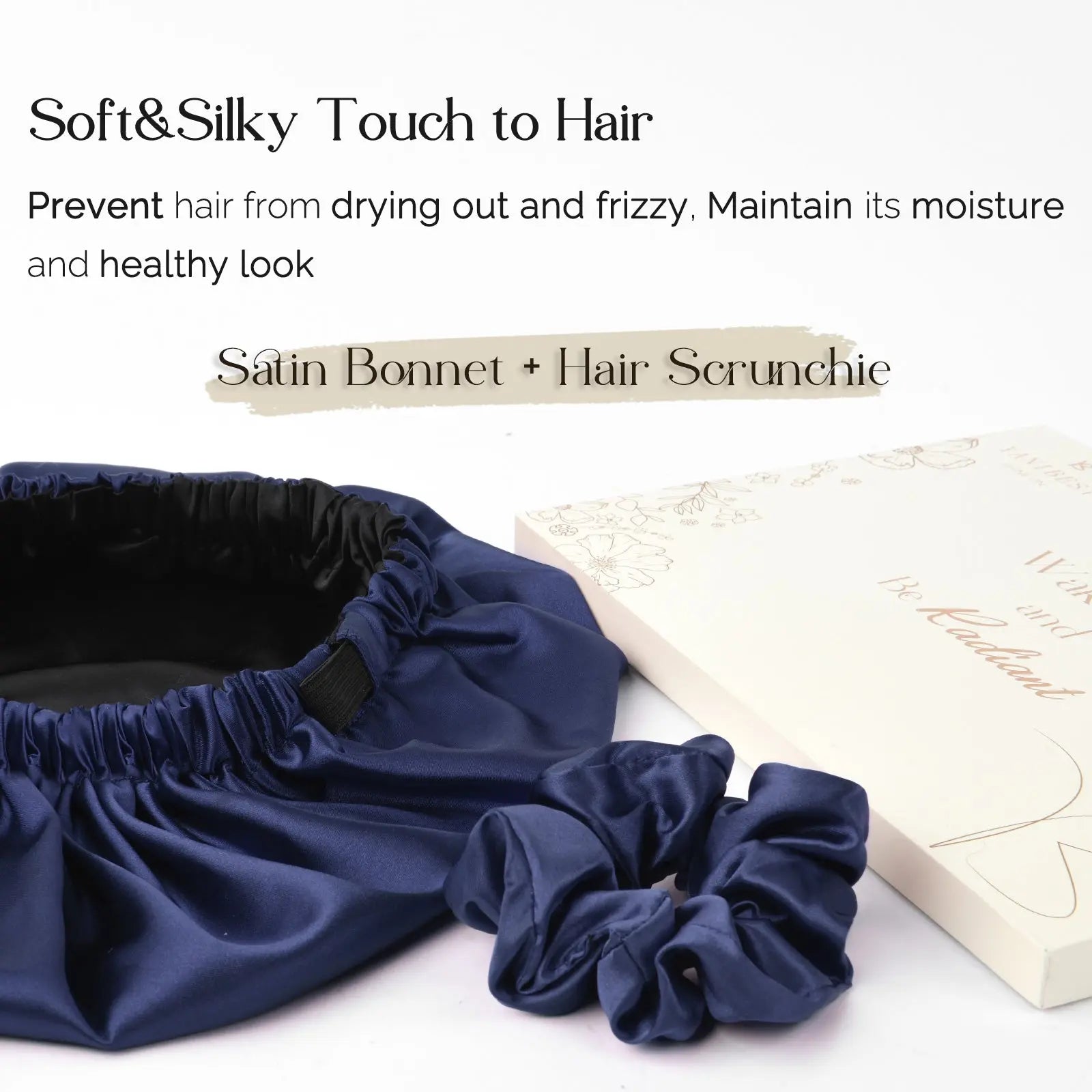 Midnight blue satin reversible bonnet and matching scrunchie on white background