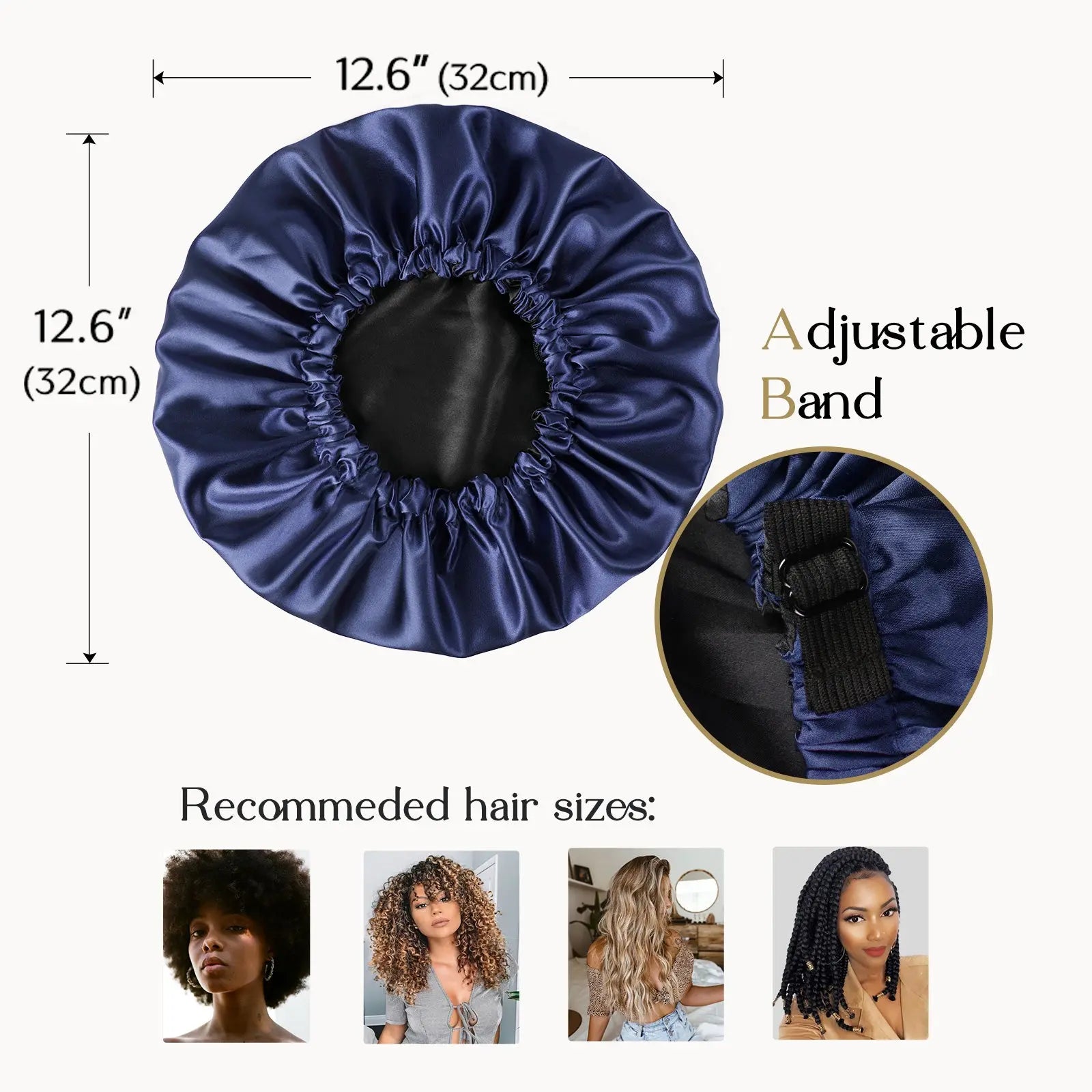 Midnight blue reversible satin bonnet with adjustable band, suitable for various hair types, 12.6 inches wide.