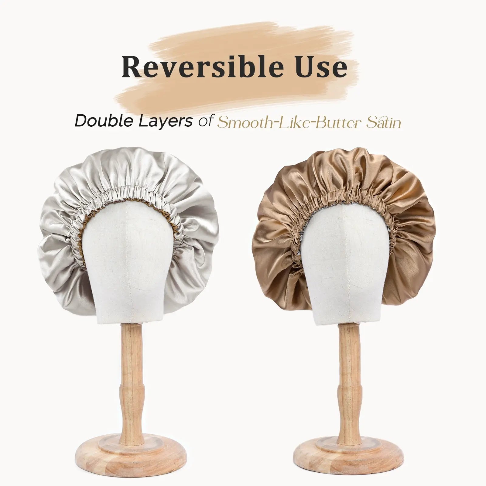 Reversible satin bonnet in silver and gold on mannequin heads, double-layered for hair protection.