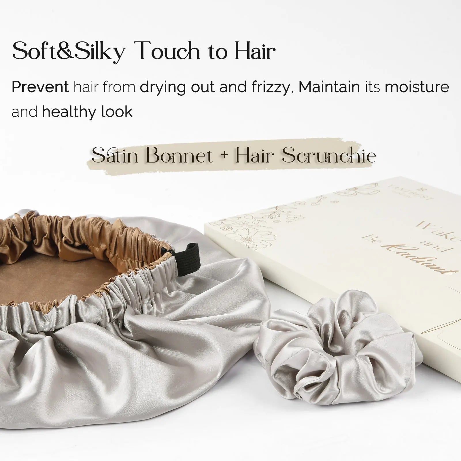 Silver gray reversible satin bonnet and scrunchie set on white background with box.