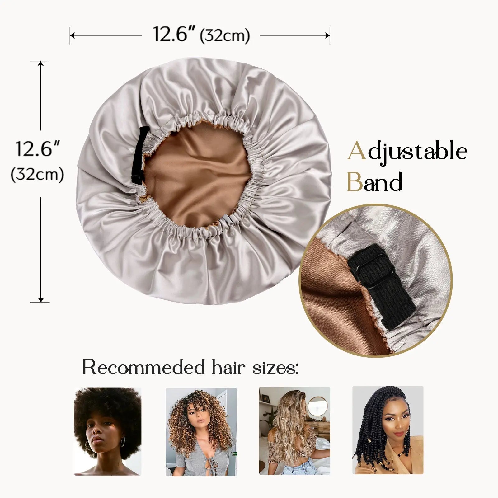 Reversible satin bonnet with adjustable band, shown in silver and brown, 12.6 inches diameter, suitable for different hair types.