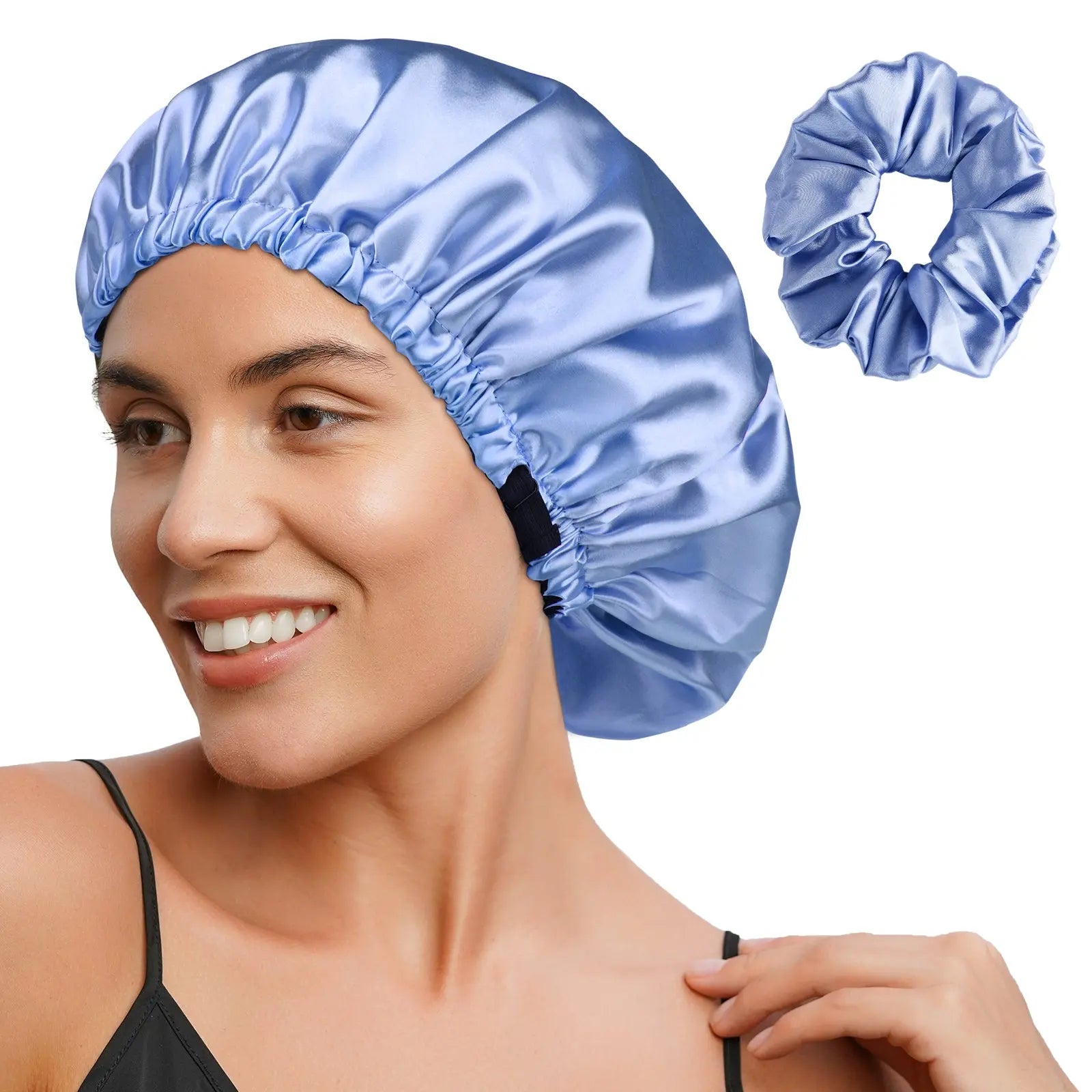 Woman wearing a sky blue reversible satin bonnet with matching satin scrunchie for hair protection
