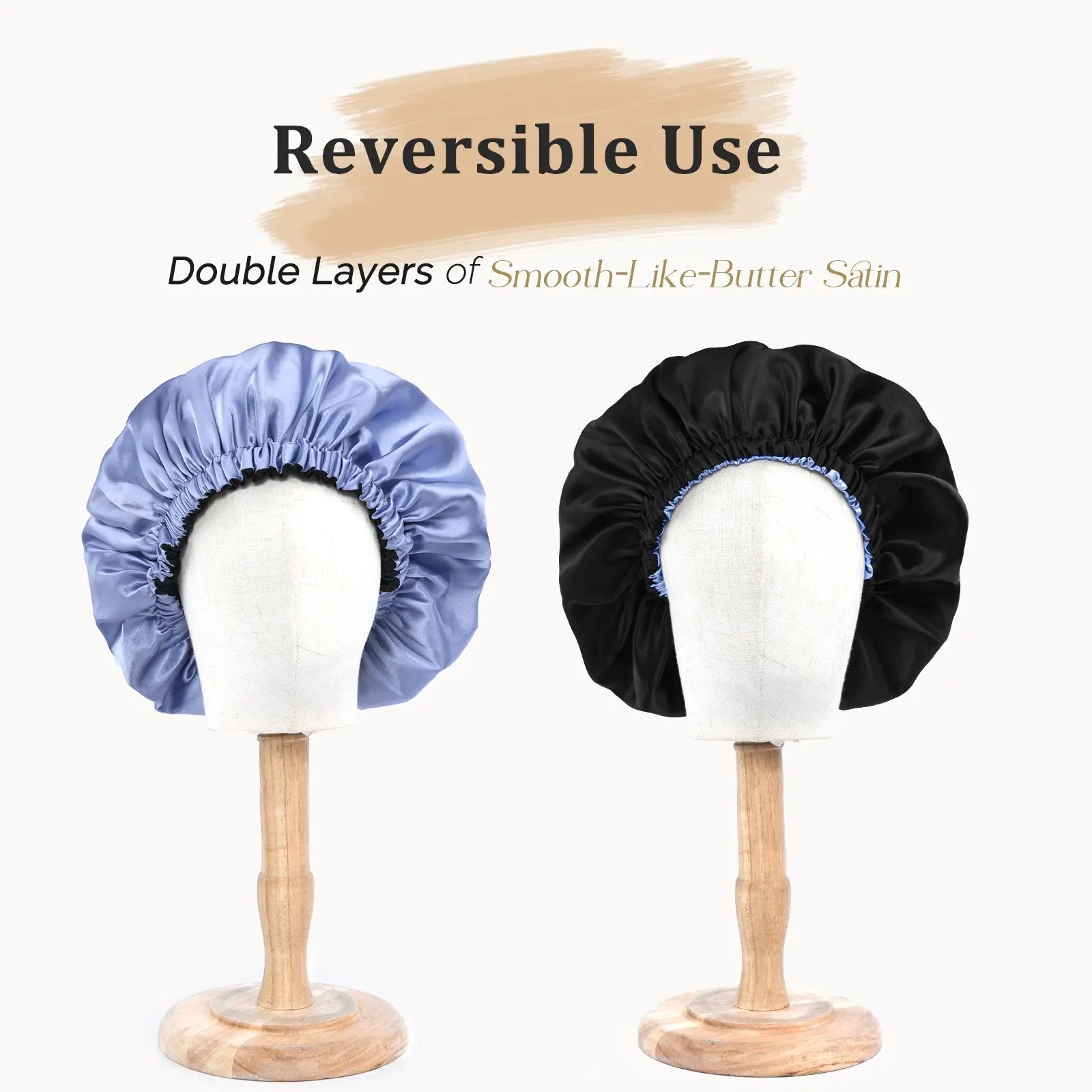 Reversible satin bonnet in sky blue and black on mannequins, double-layer hair care