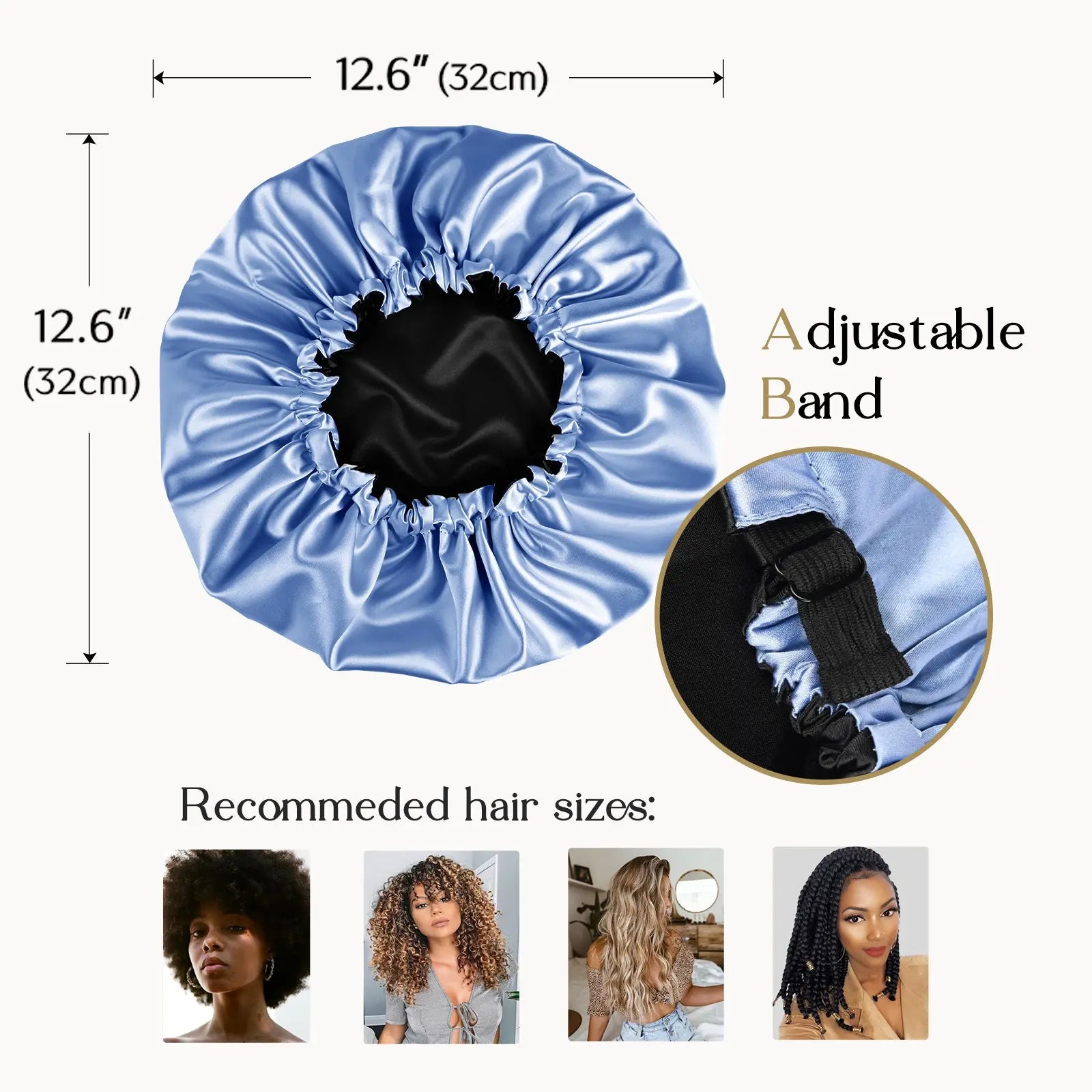 Sky blue reversible satin bonnet with adjustable band, 12.6 inch size, suitable for various hair types.