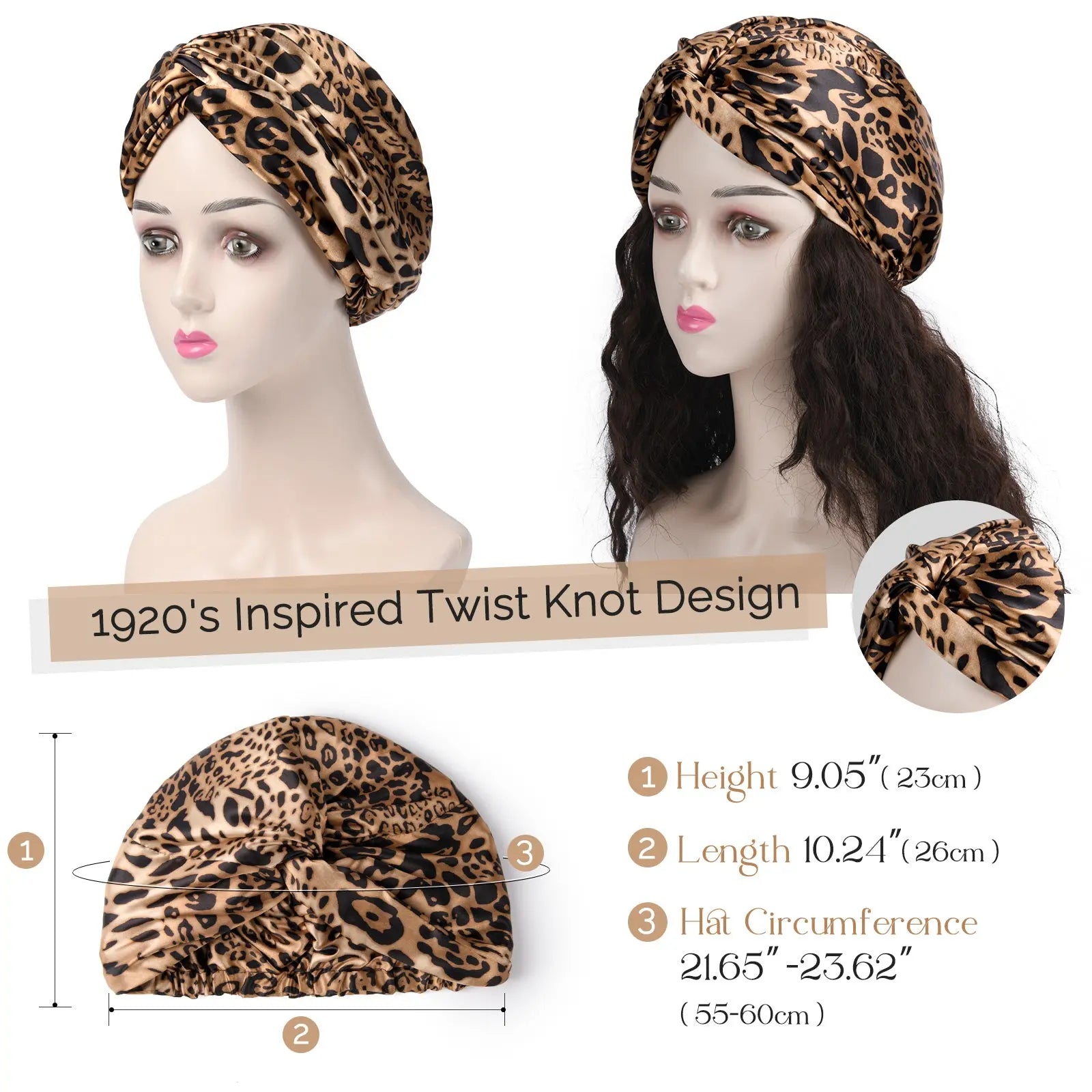 Leopard print satin knotted turban with twist knot design and size details on display mannequin.