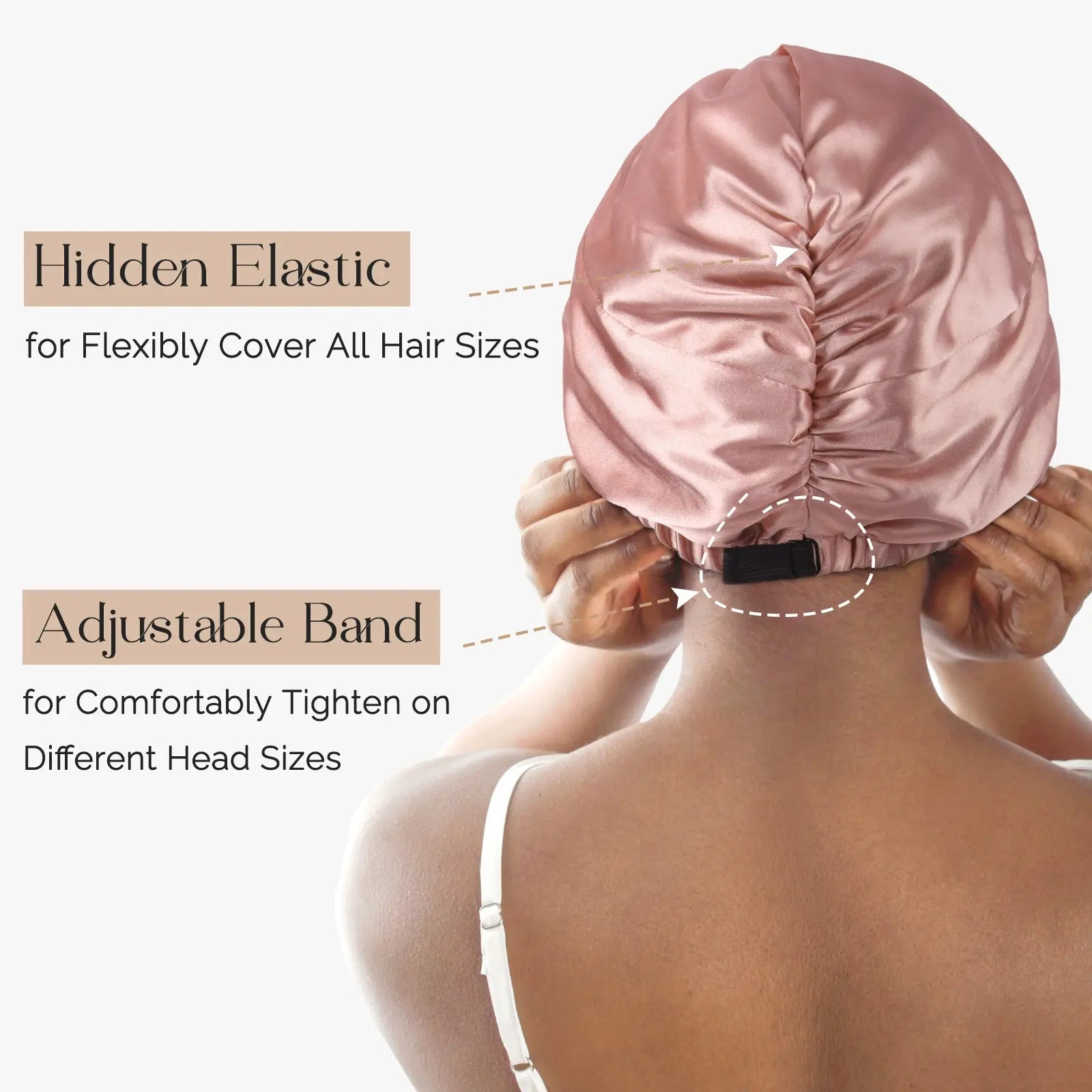 Woman adjusting pink satin bonnet with adjustable band and hidden elastic for hair protection