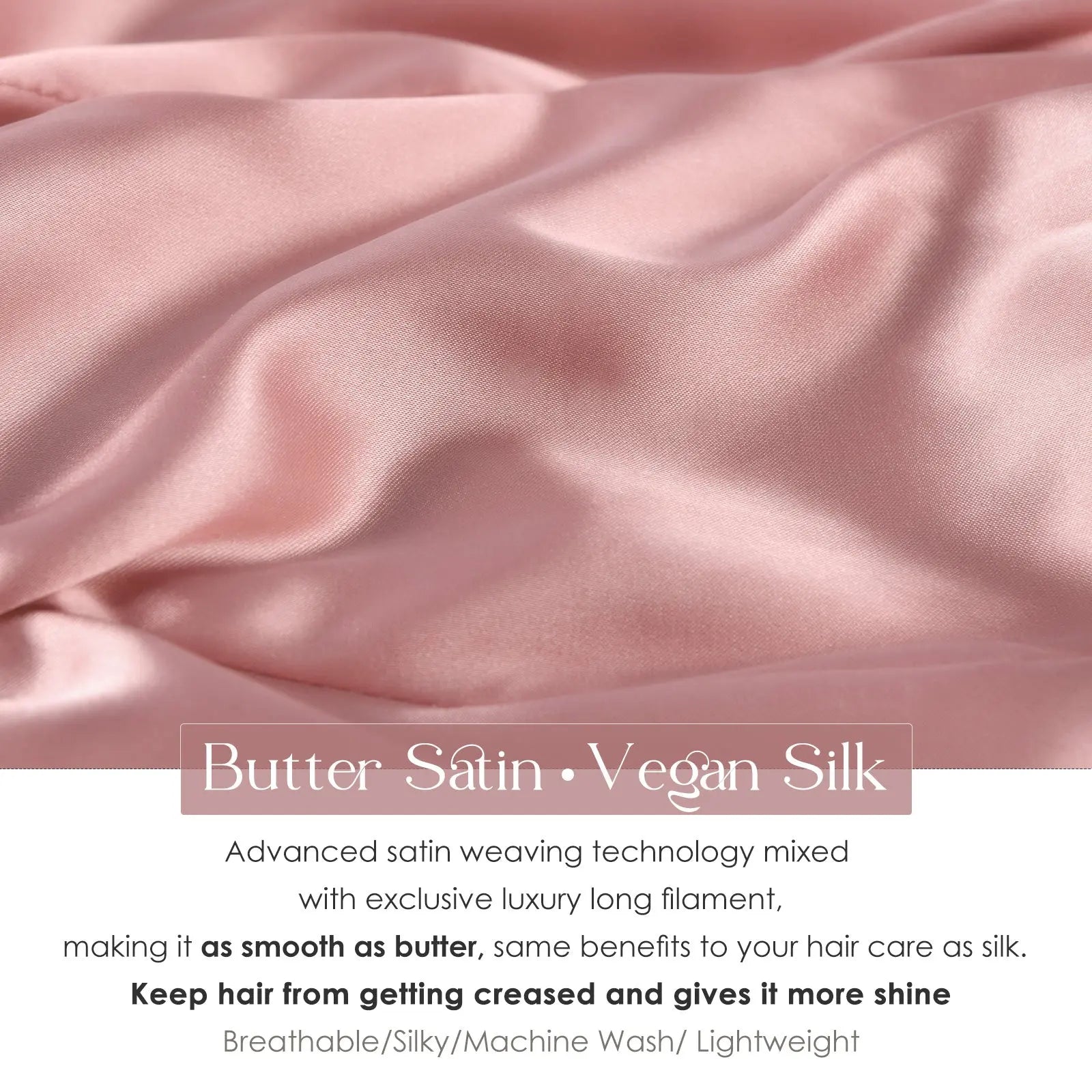 Close-up of smooth pink butter satin vegan silk fabric with text promoting its benefits.