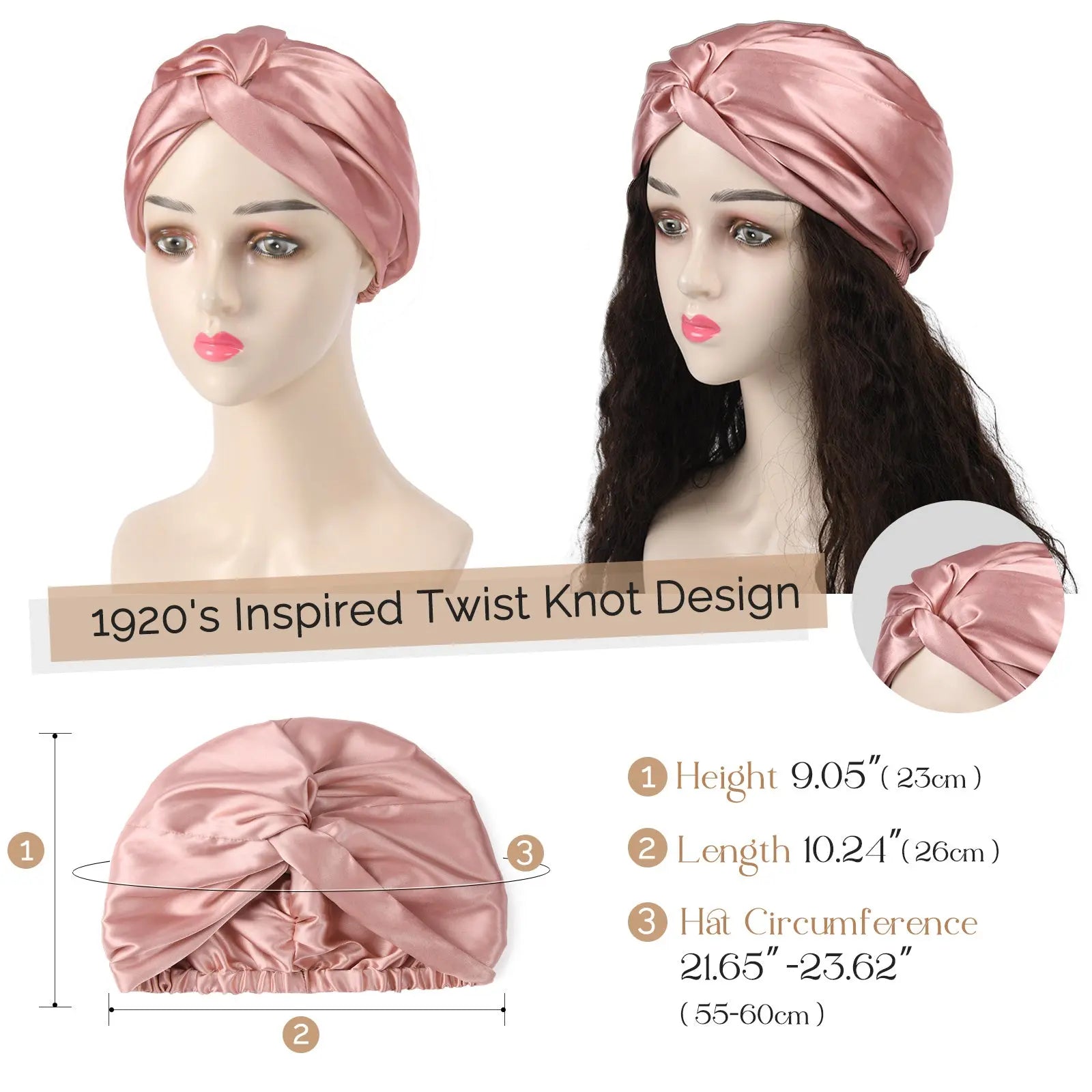 Millennium pink satin knotted turban with 1920s twist knot design, shown on mannequins with size details.