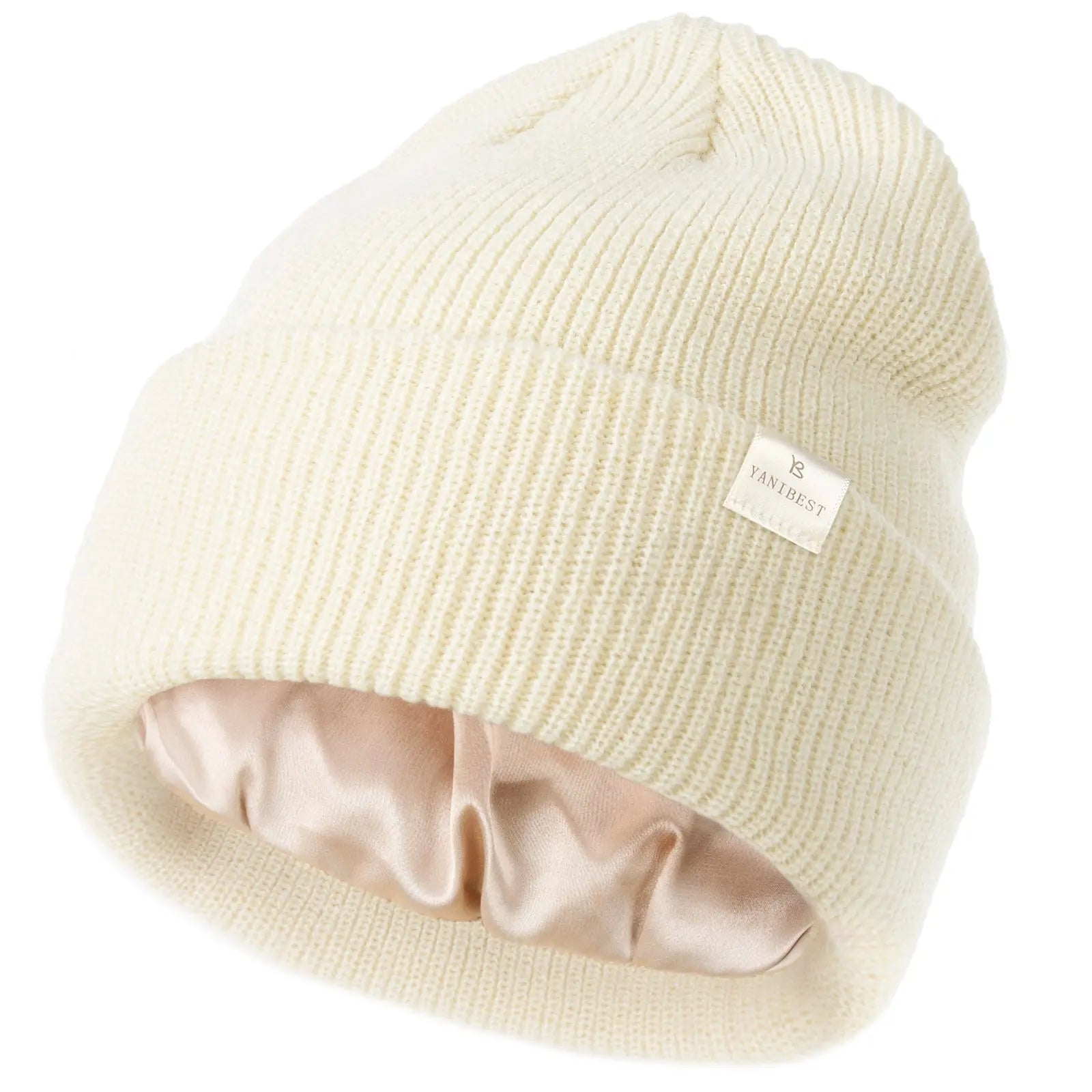 Satin Lined Knitted Winter Cuffed Beanie Hat Watch Cap Cream Beige