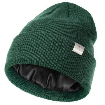 Butter Satin Lined Knit Skull Beanie - Forest Green