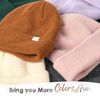 Assorted satin-lined cuffed beanie hats in various colors, close-up for winter fashion.