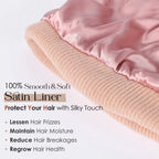 Rose pink satin-lined beanie hat with close-up of soft, smooth satin inner layer