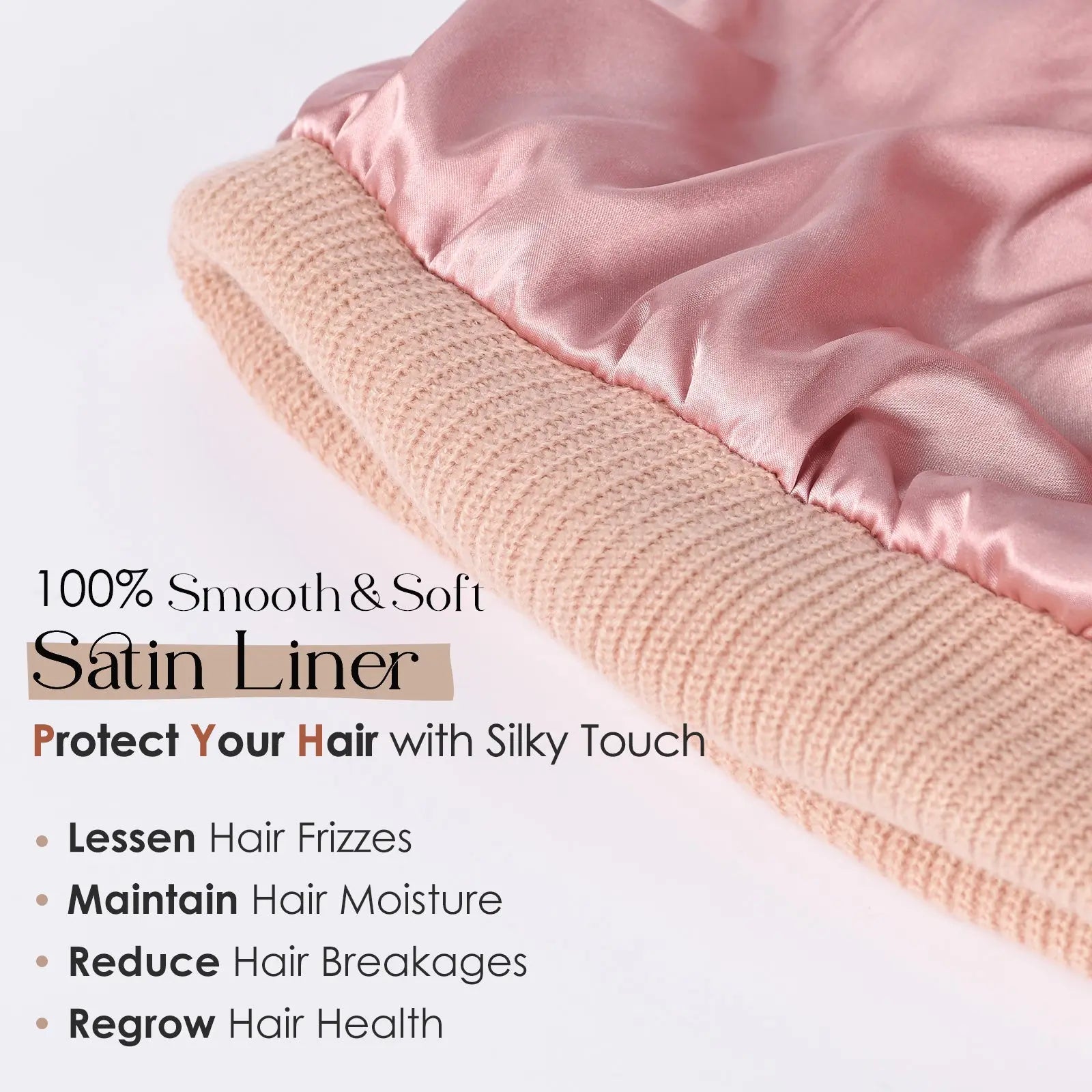 Rose pink satin-lined beanie hat with close-up of soft, smooth satin inner layer