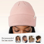Woman wearing rose pink satin-lined cuffed beanie hat, recommended for all hair types.