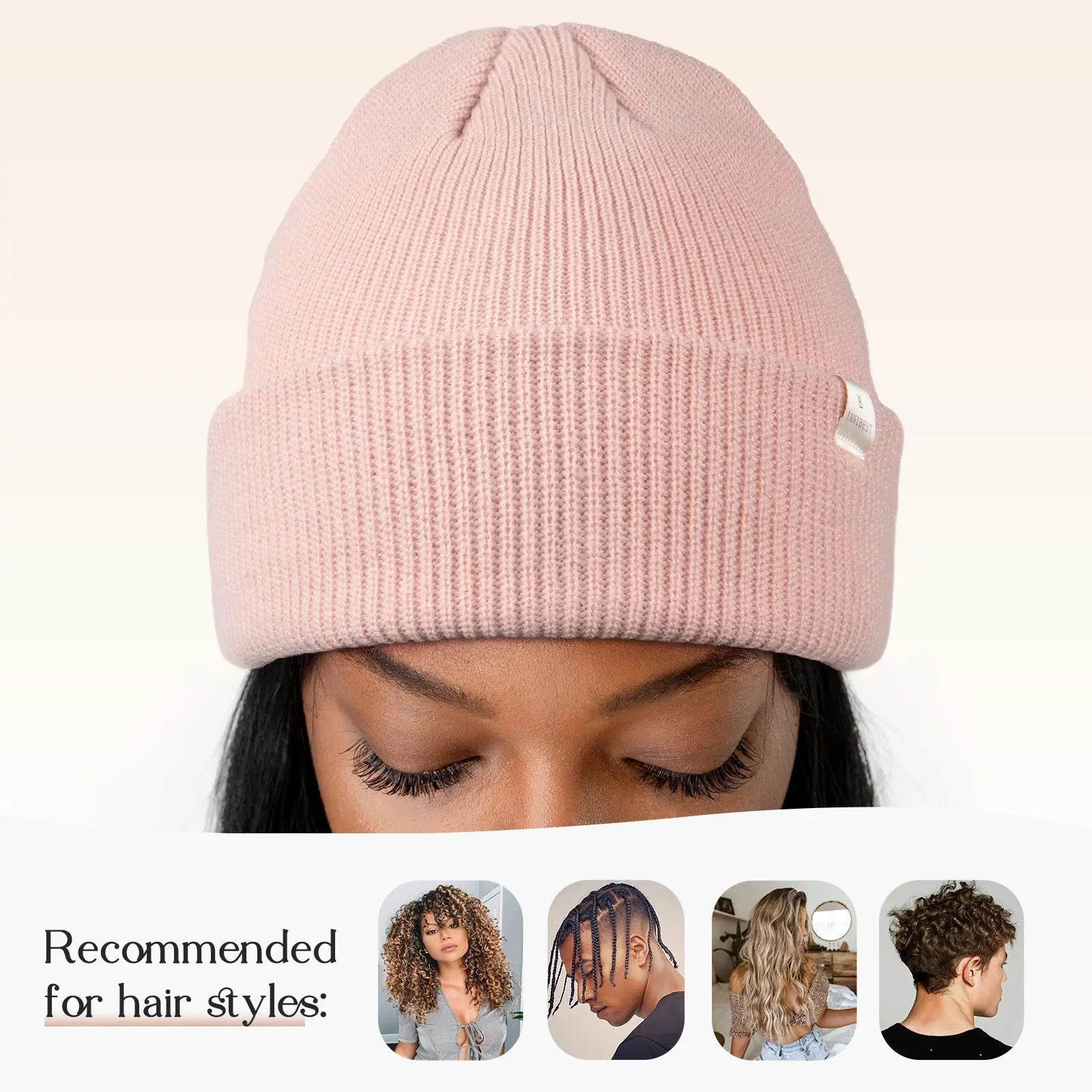 Woman wearing rose pink satin-lined cuffed beanie hat, recommended for all hair types.
